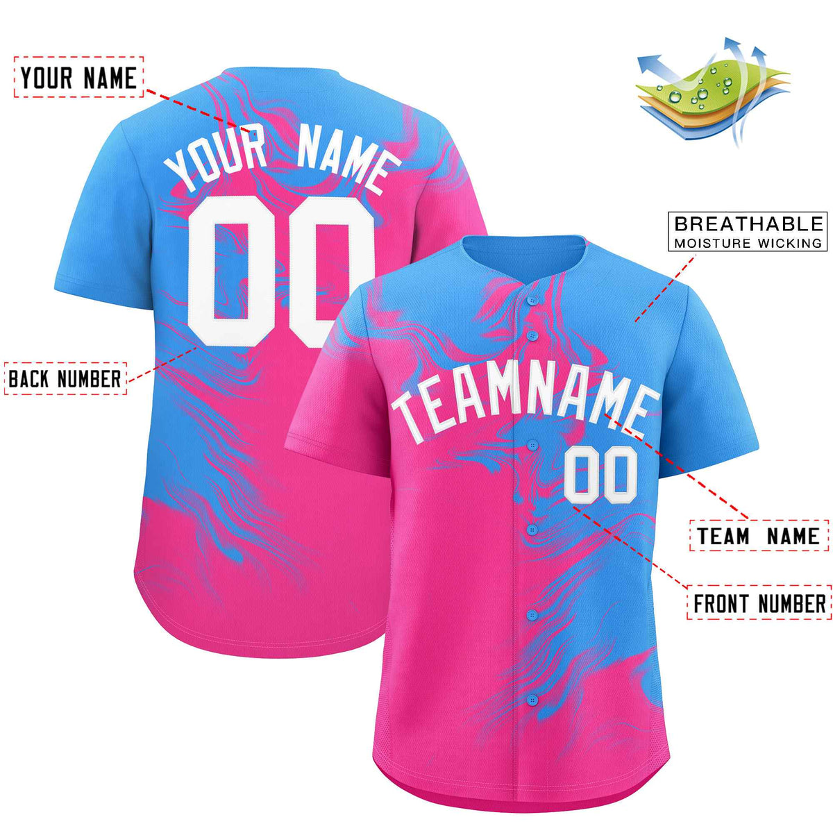Custom Powder Blue Pink Personalized Ink Pattern Authentic Baseball Jersey