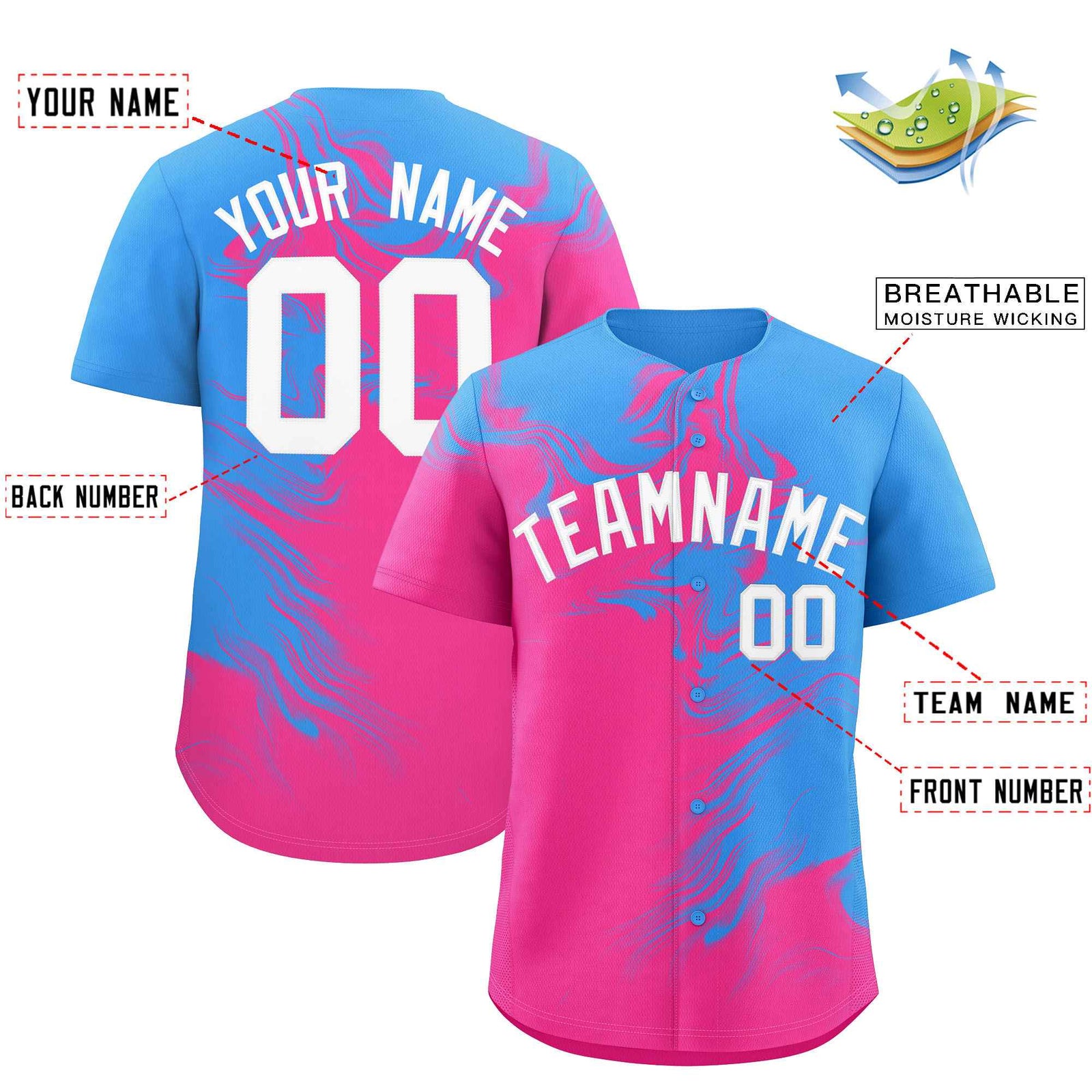 Custom Powder Blue Pink Personalized Ink Pattern Authentic Baseball Jersey