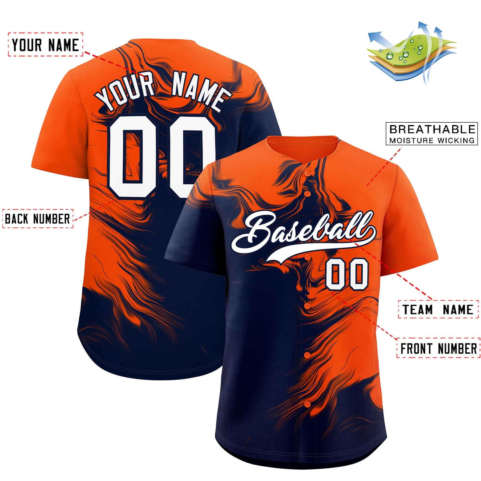 Custom Orange Navy Personalized Ink Pattern Authentic Baseball Jersey