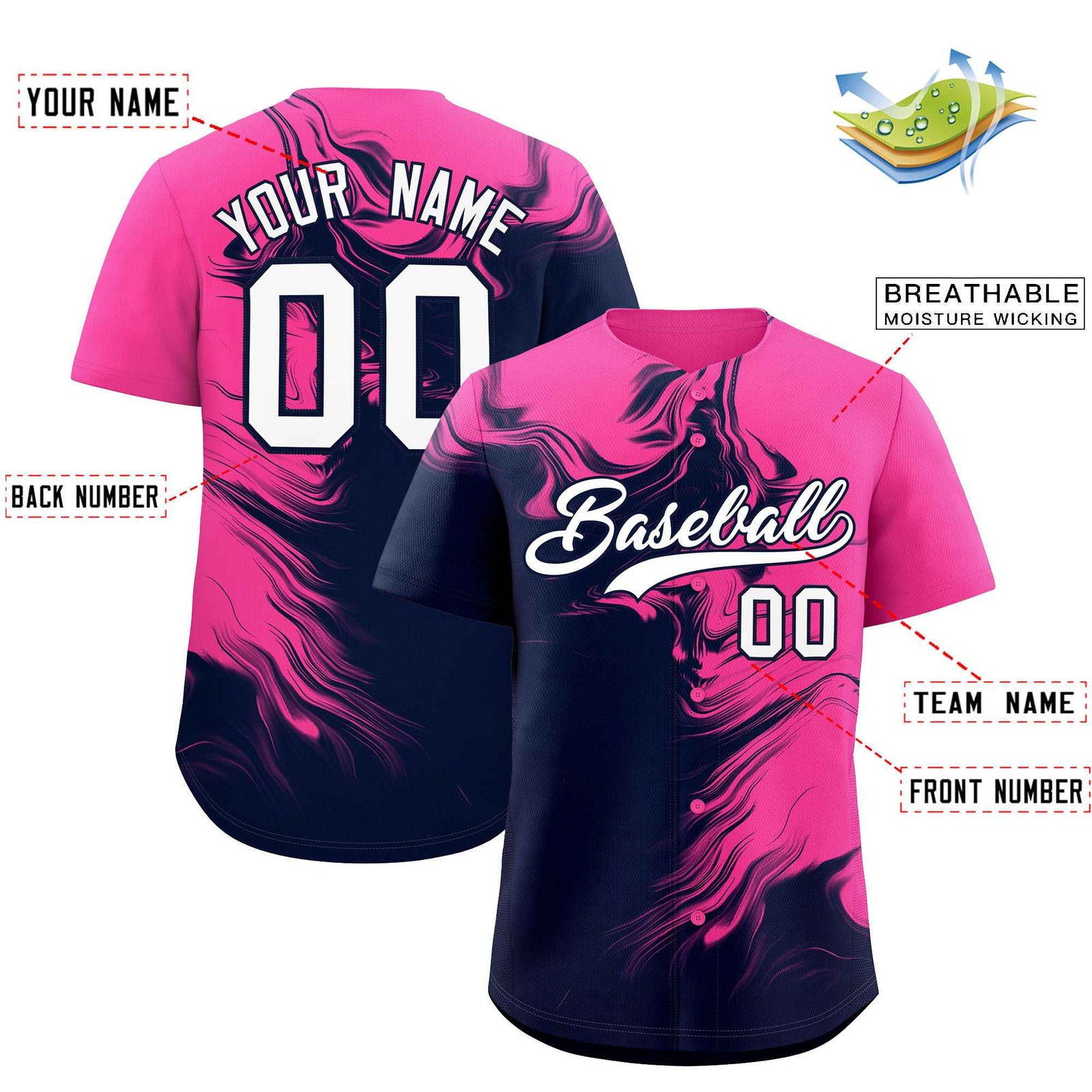 Custom Pink Navy Personalized Ink Pattern Authentic Baseball Jersey