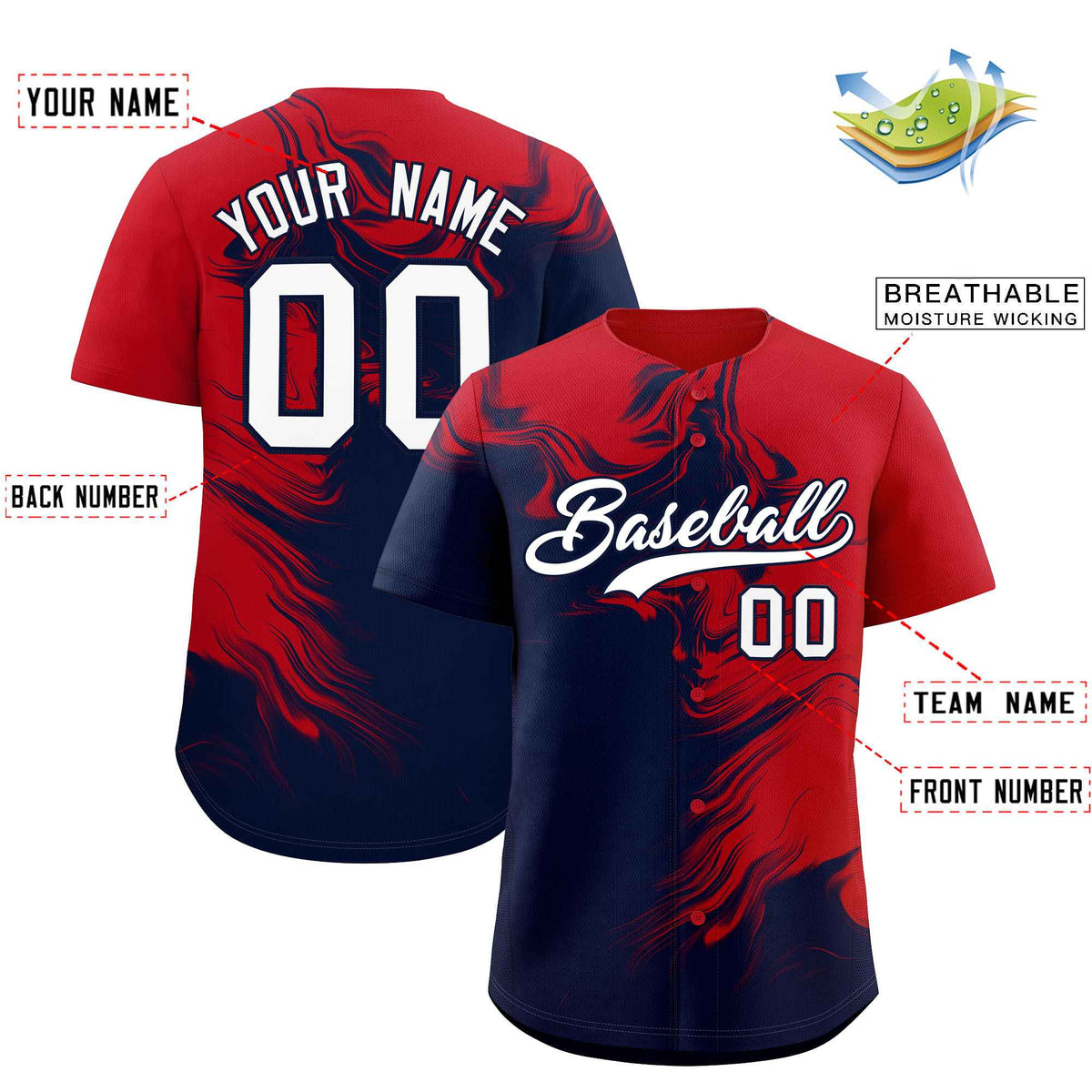Custom Red Navy Personalized Ink Pattern Authentic Baseball Jersey