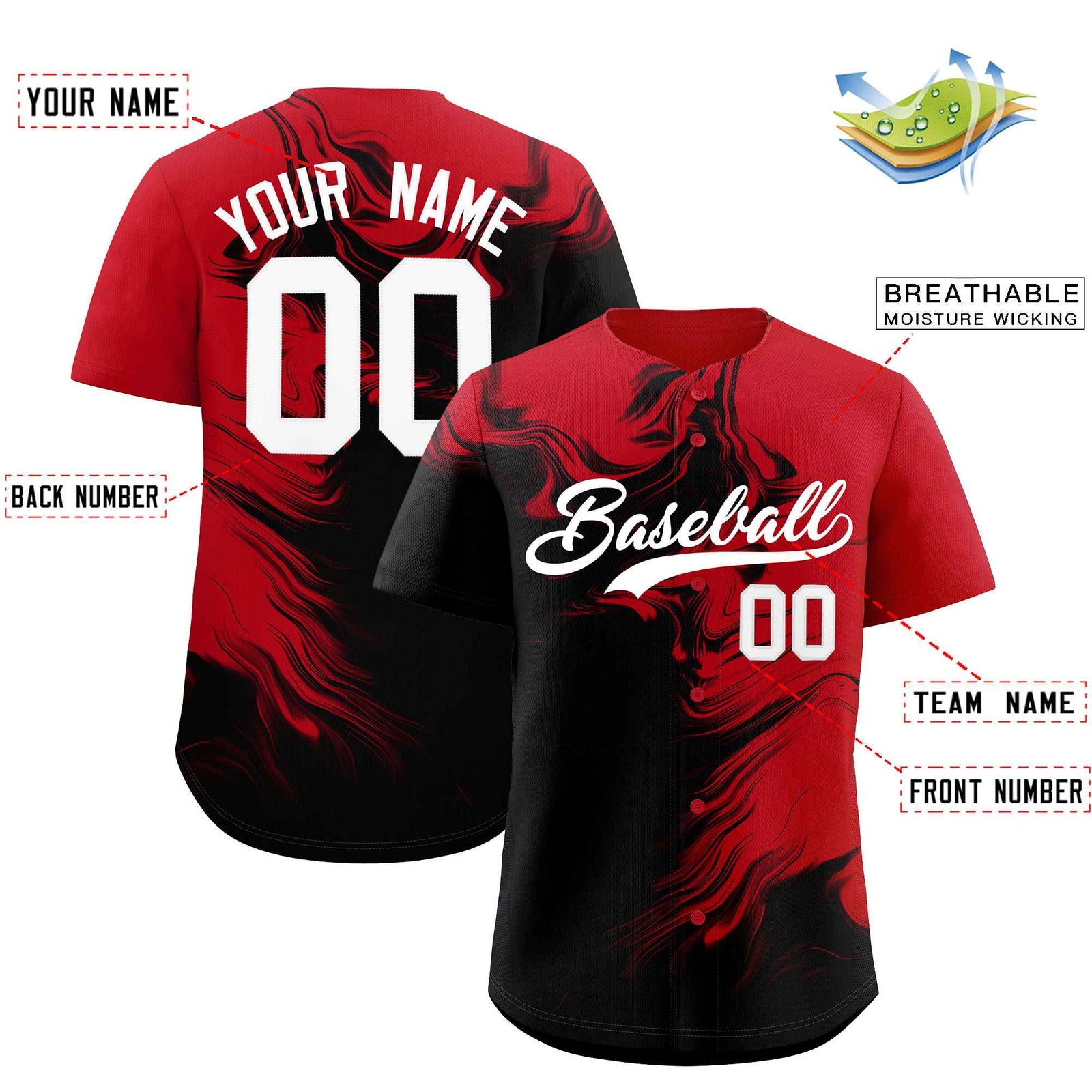 Custom Red Black Personalized Ink Pattern Authentic Baseball Jersey