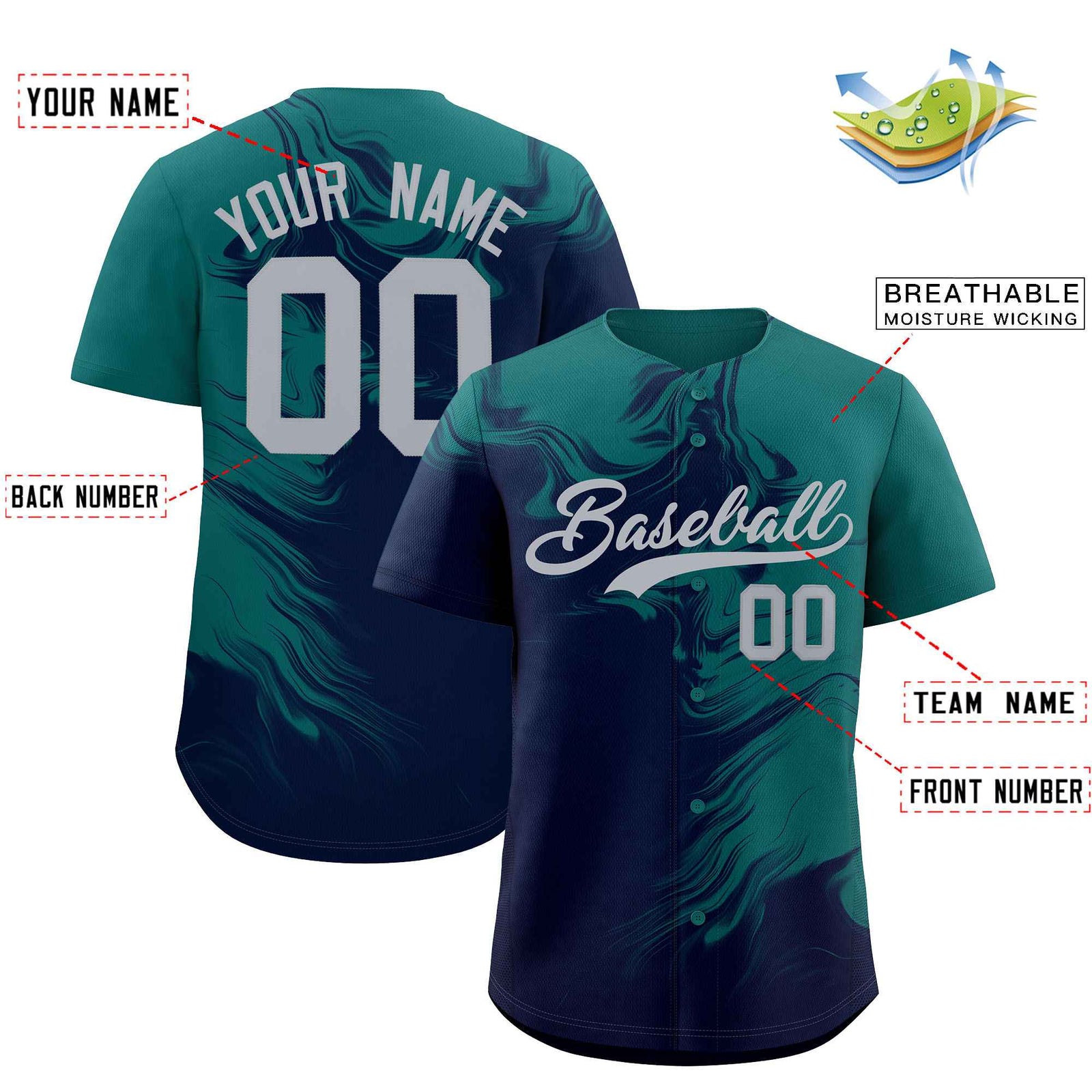 Custom Aqua Navy Personalized Ink Pattern Authentic Baseball Jersey