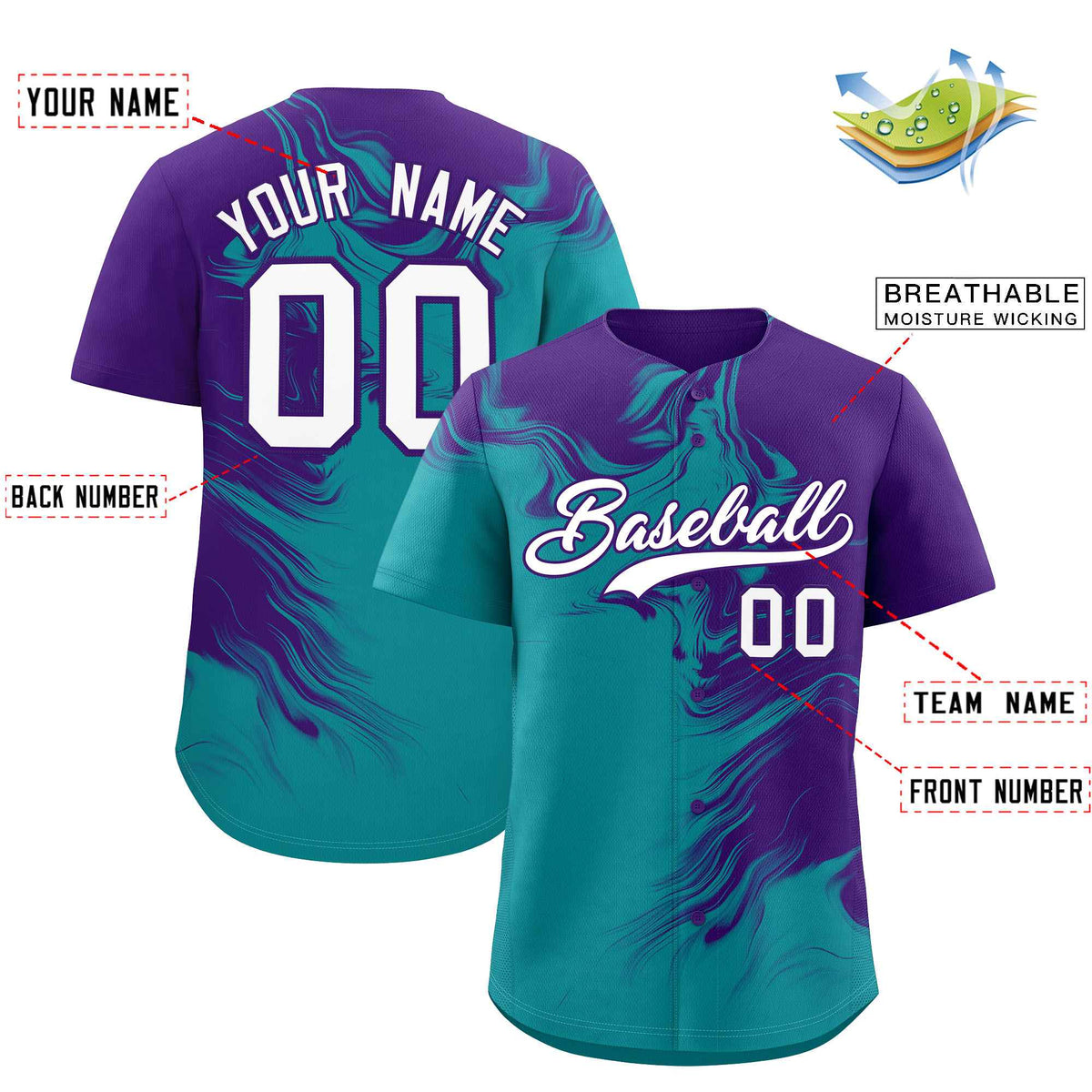 Custom Purple Aqua Personalized Ink Pattern Authentic Baseball Jersey