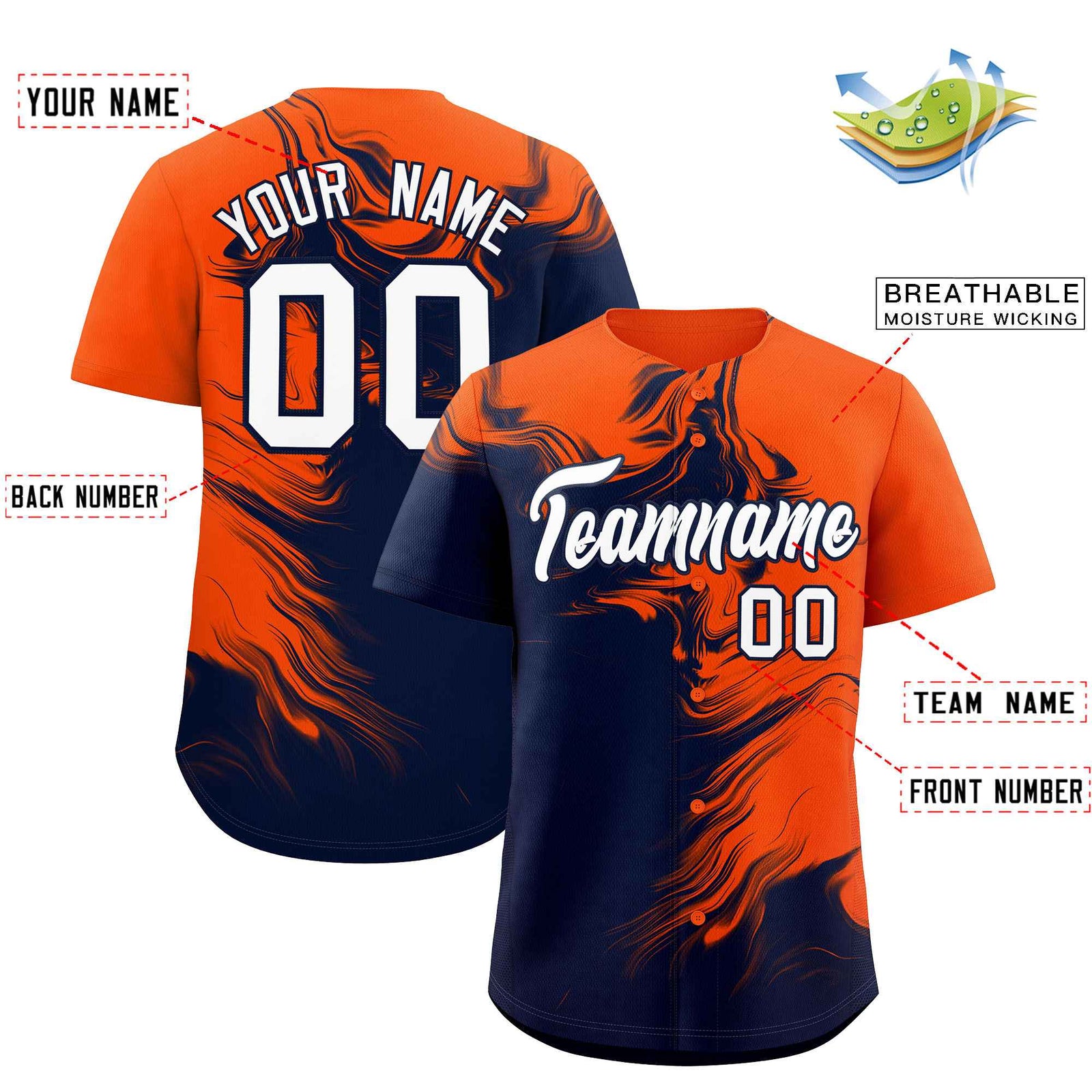 Custom Orange Navy Personalized Ink Pattern Authentic Baseball Jersey