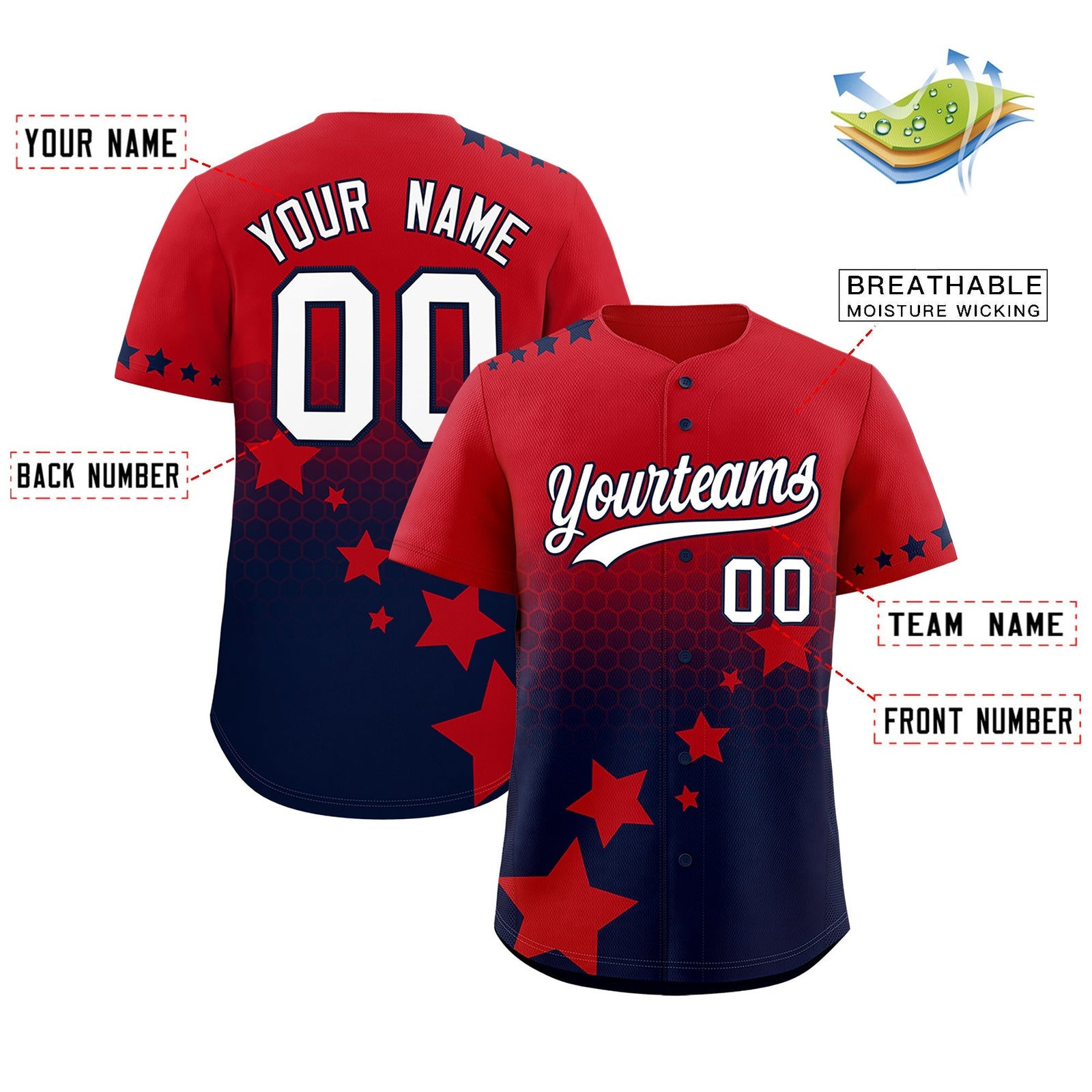 Custom Red Navy White Rising Stars Series Gradient Fashion Baseball Jersey| KXKSHOP