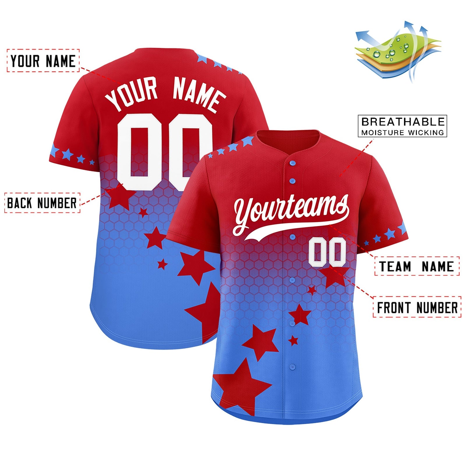 Custom Red Powder Blue White Rising Stars Series Gradient Fashion Baseball Jersey| KXKSHOP