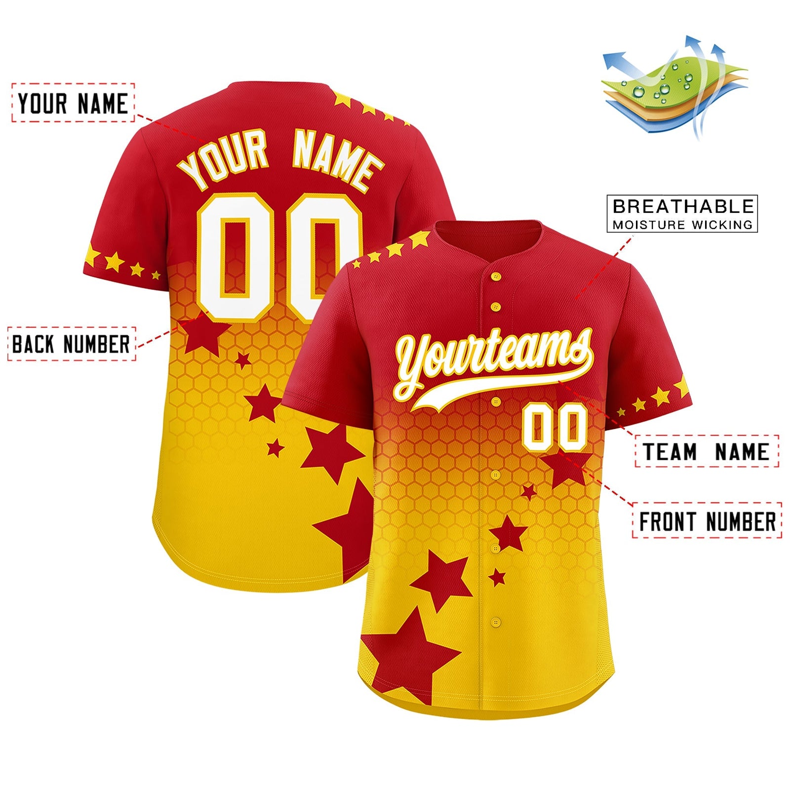 Custom Red Gold White Rising Stars Series Gradient Fashion Baseball Jersey| KXKSHOP