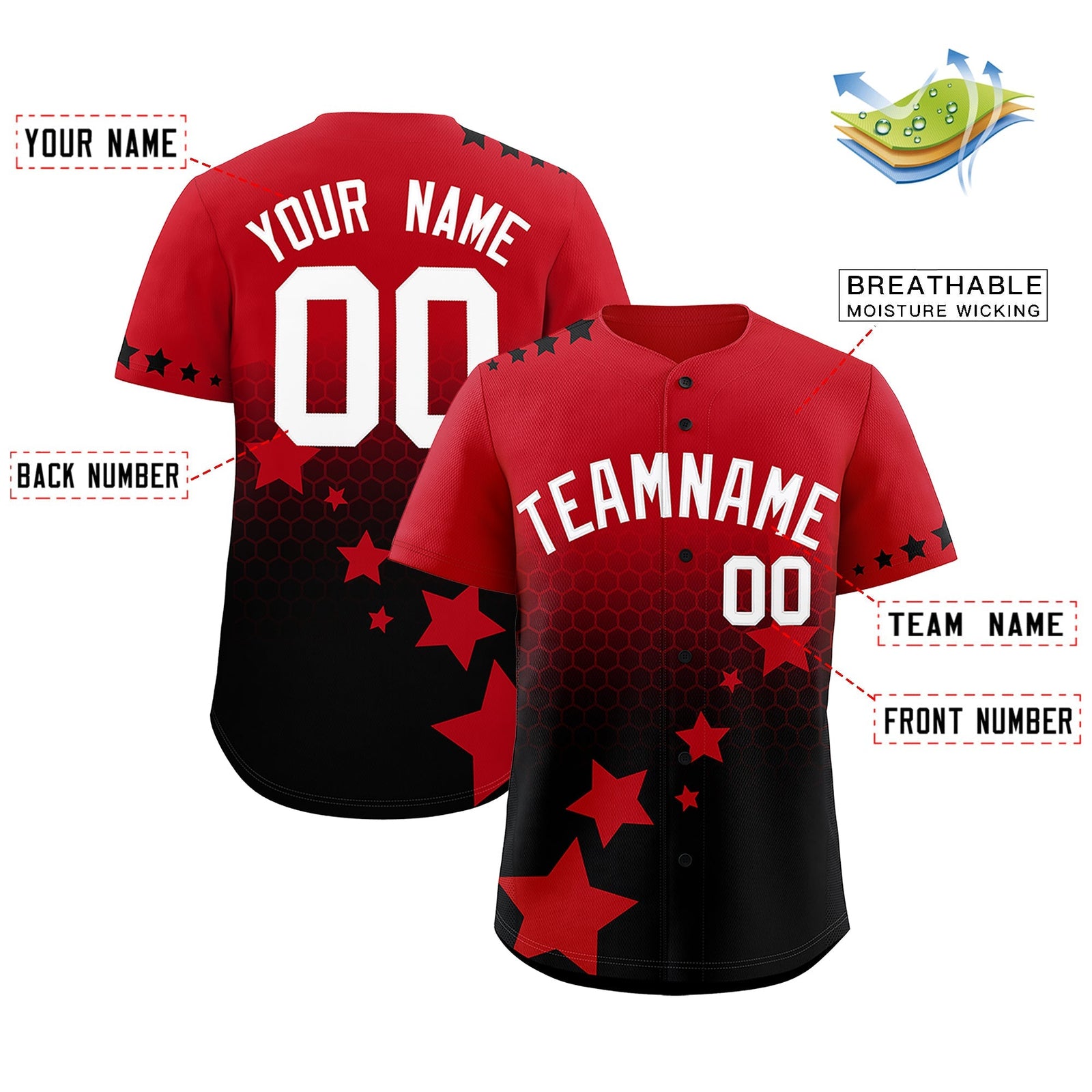 Custom Red Black White Rising Stars Series Gradient Fashion Baseball Jersey| KXKSHOP