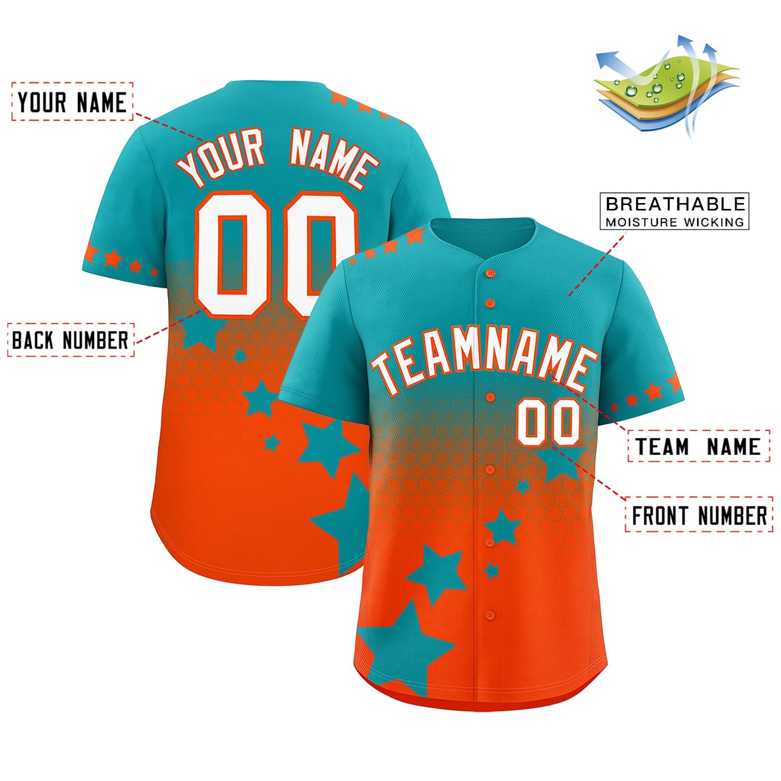 Custom Aqua Orange White Rising Stars Series Gradient Fashion Baseball Jersey| KXKSHOP