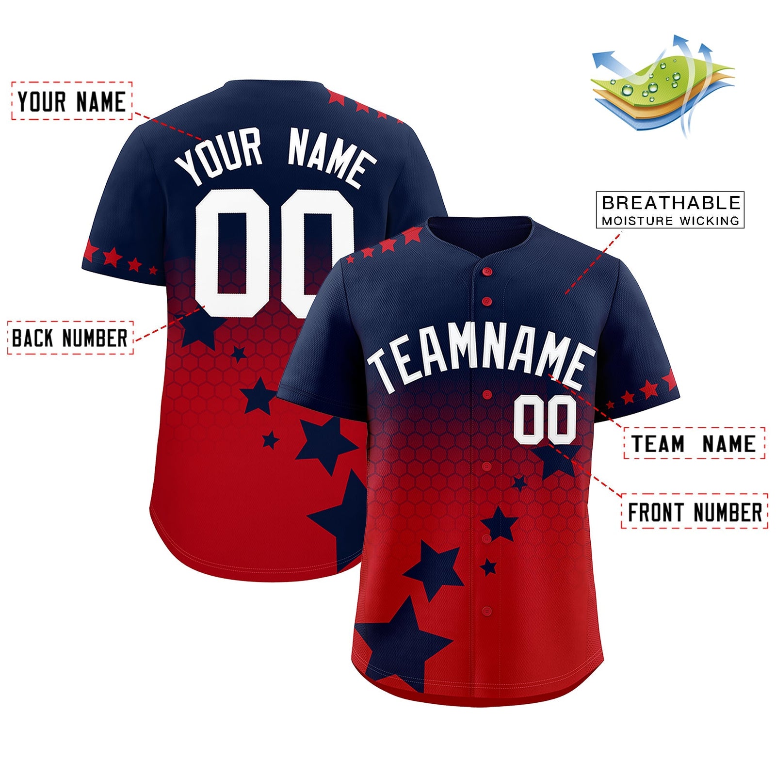 Custom Navy Red White Rising Stars Series Gradient Fashion Baseball Jersey| KXKSHOP