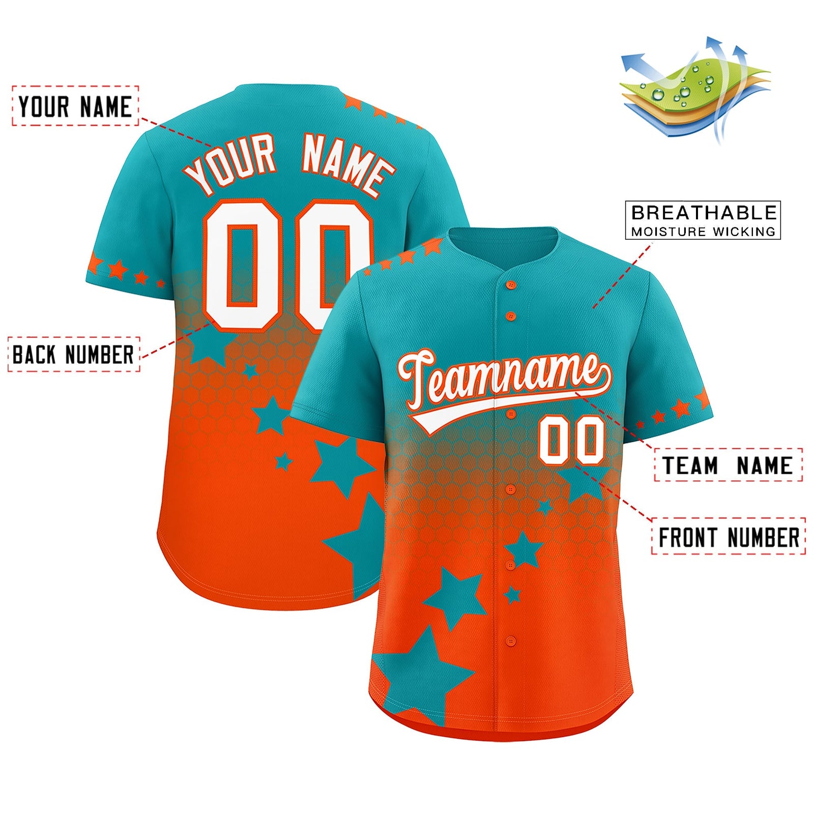 Custom Aqua Orange White Rising Stars Series Gradient Fashion Baseball Jersey| KXKSHOP
