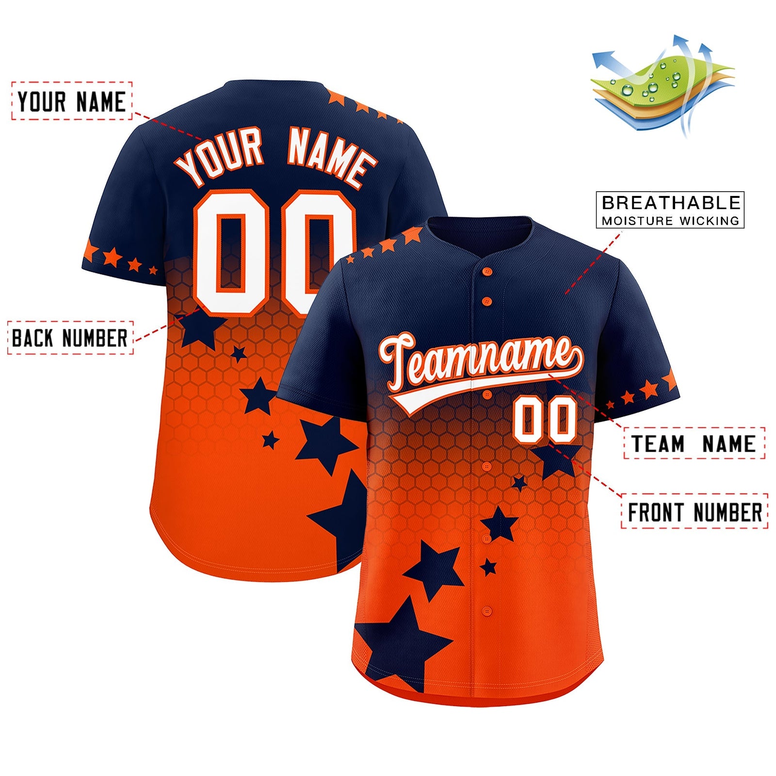 Custom Navy Orange White Rising Stars Series Gradient Fashion Baseball Jersey| KXKSHOP