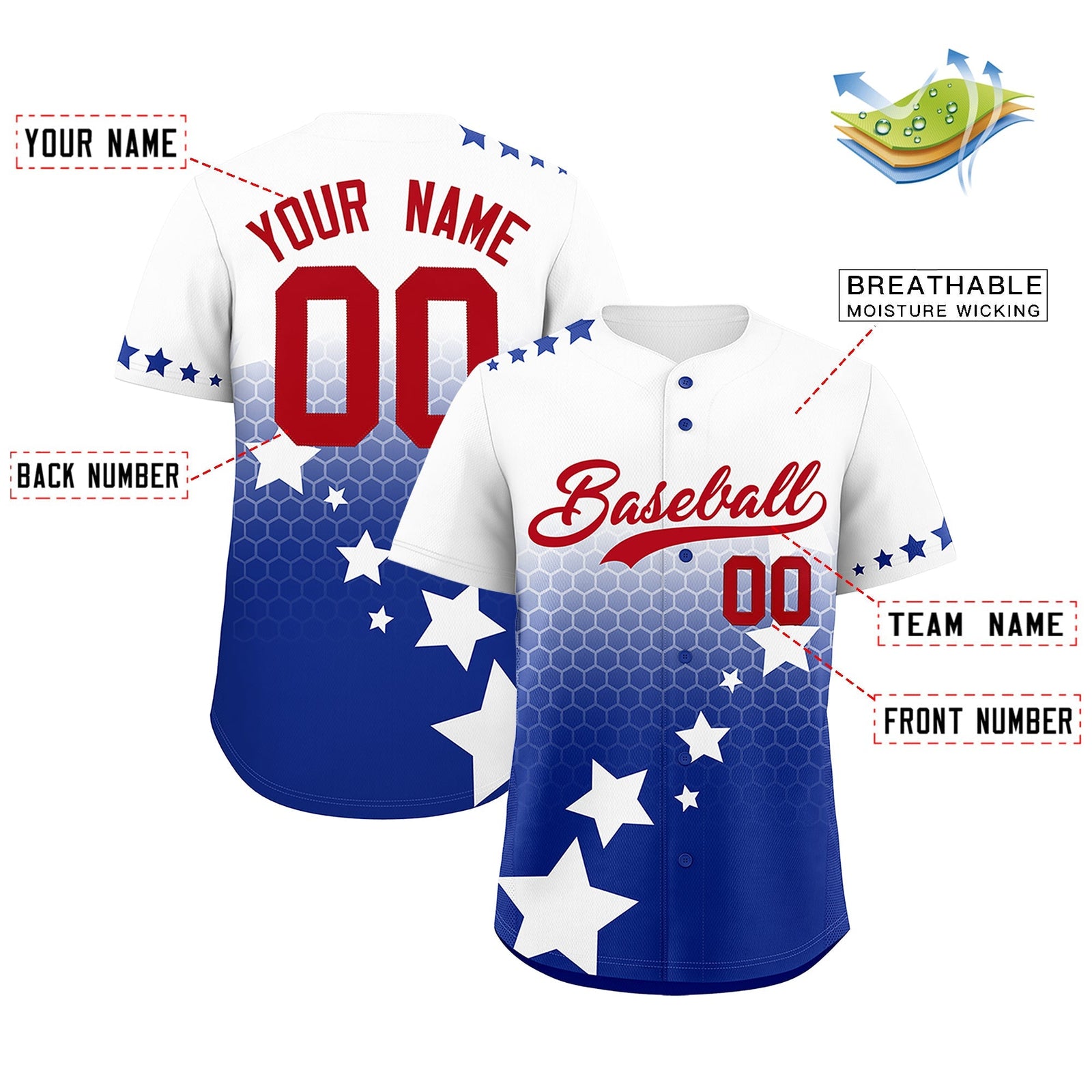 Custom White Royal Blue Red Rising Stars Series Gradient Fashion Baseball Jersey| KXKSHOP