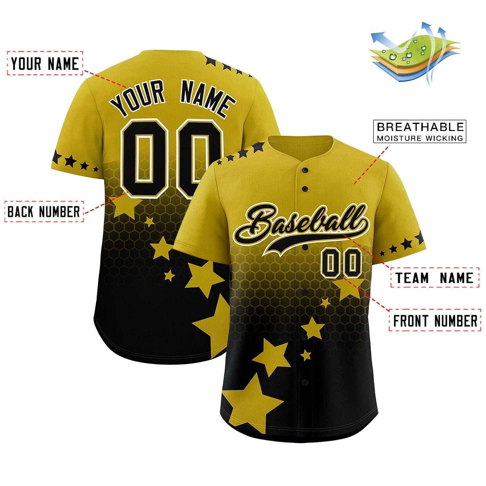 Custom Old Gold Black White Rising Stars Series Gradient Fashion Baseball Jersey| KXKSHOP