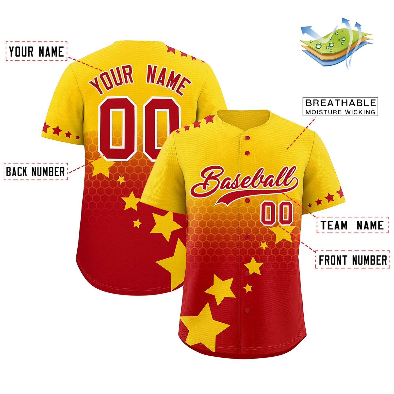 Custom Gold Red White Rising Stars Series Gradient Fashion Baseball Jersey| KXKSHOP