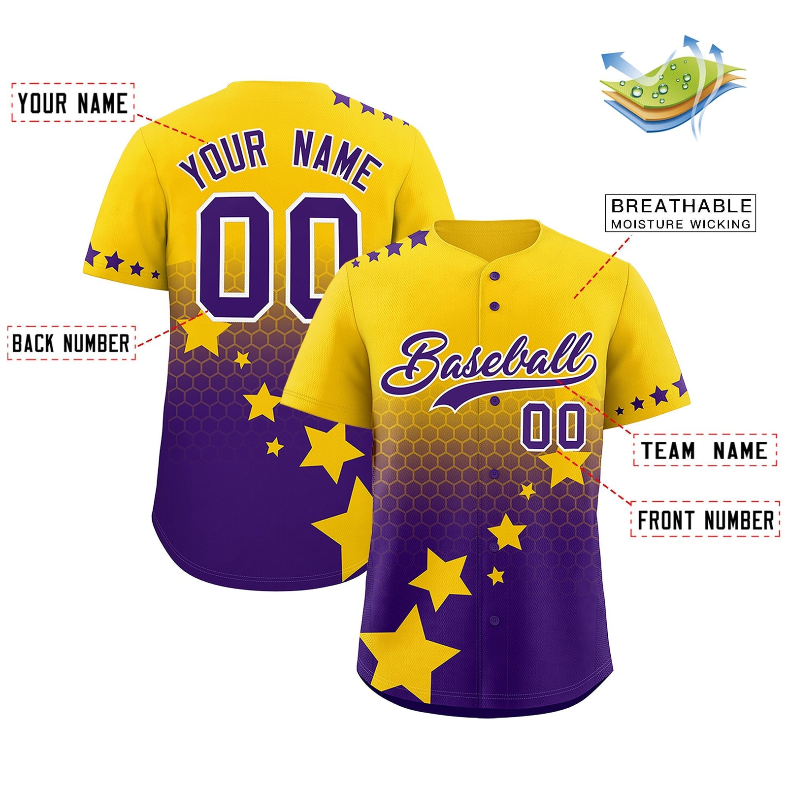 Custom Gold Purple White Rising Stars Series Gradient Fashion Baseball Jersey| KXKSHOP