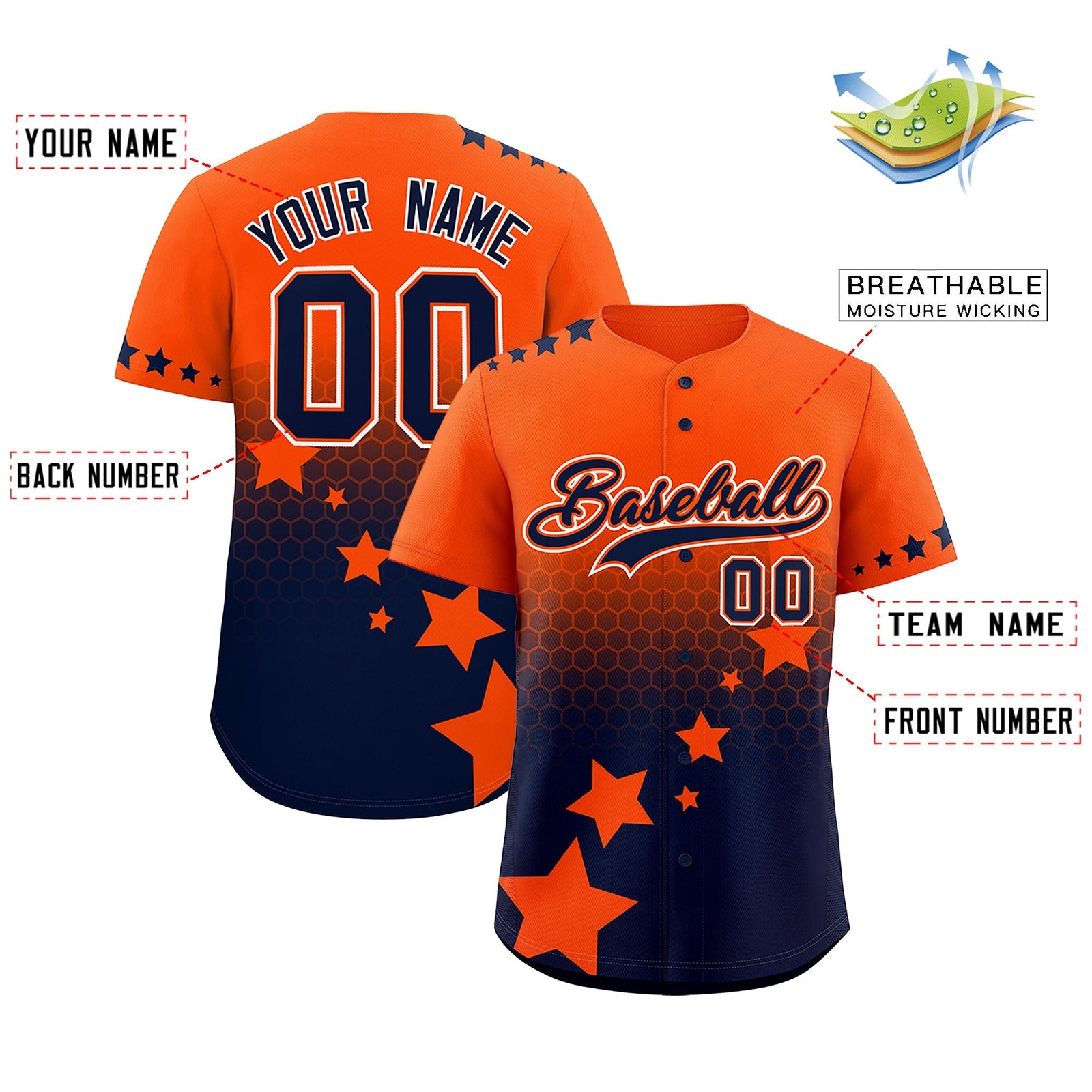 Custom Orange Navy White Rising Stars Series Gradient Fashion Baseball Jersey| KXKSHOP