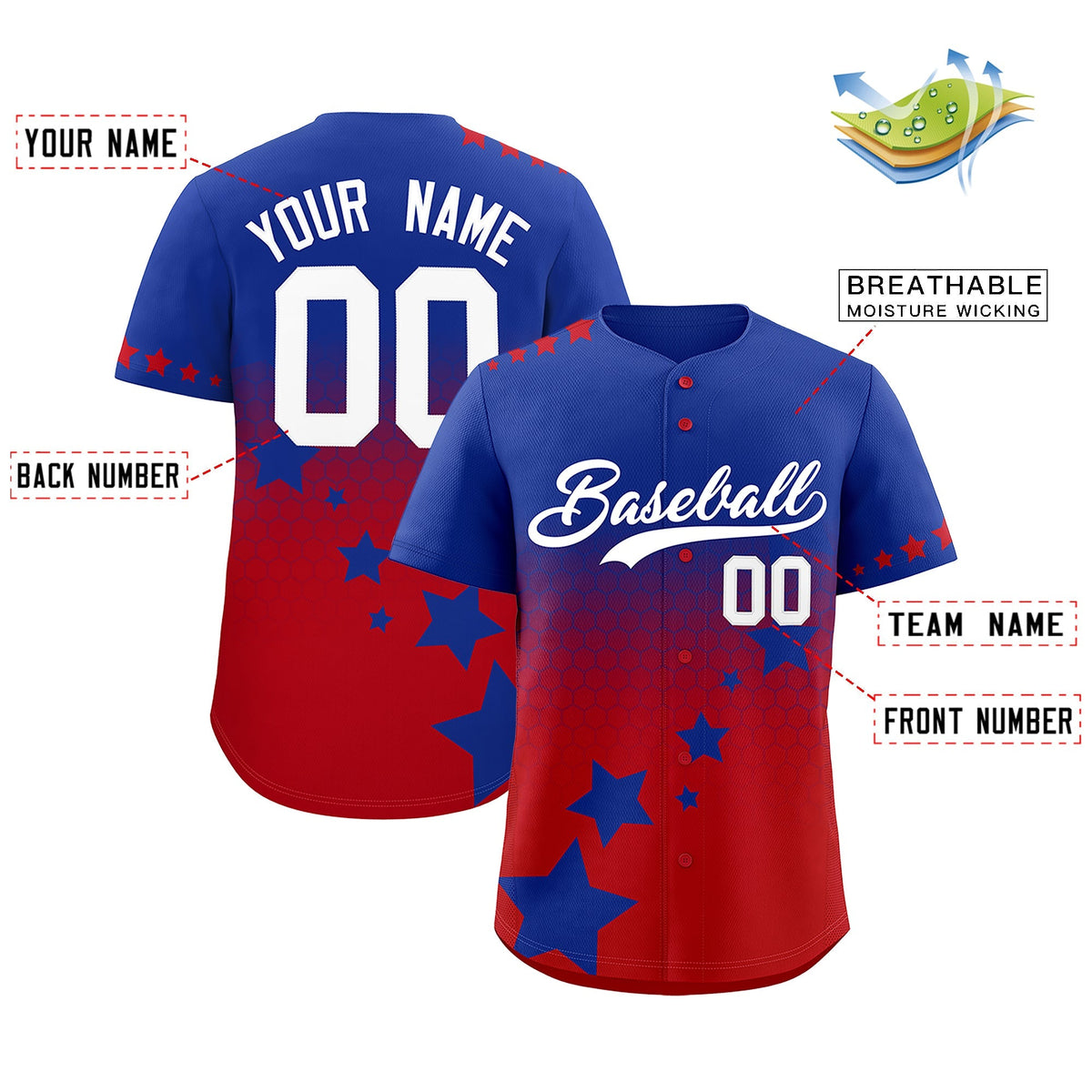 Custom Royal Blue Red White Rising Stars Series Gradient Fashion Baseball Jersey| KXKSHOP