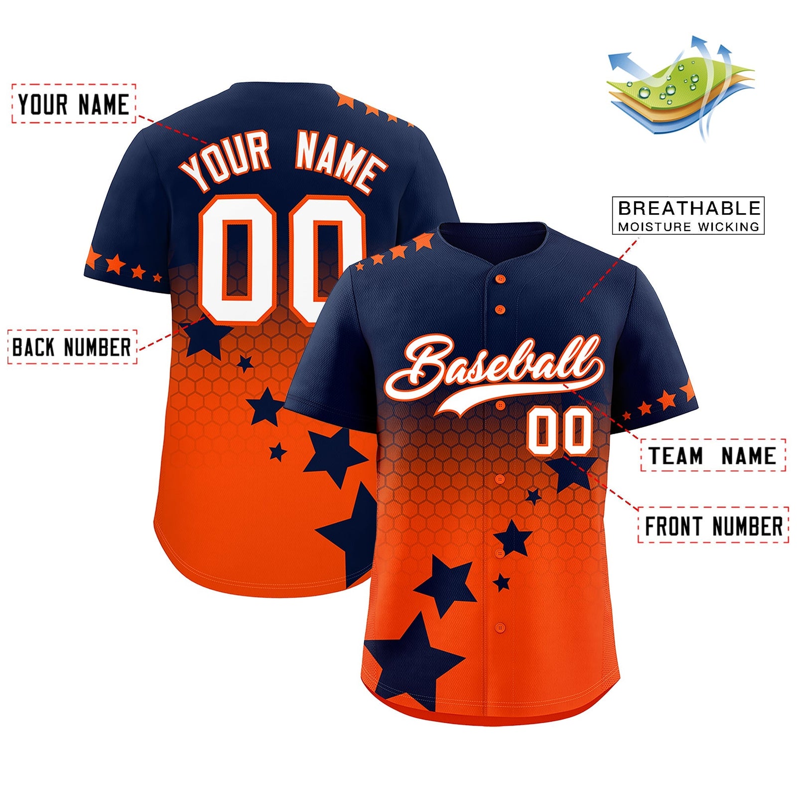 Custom Navy Orange White Rising Stars Series Gradient Fashion Baseball Jersey| KXKSHOP