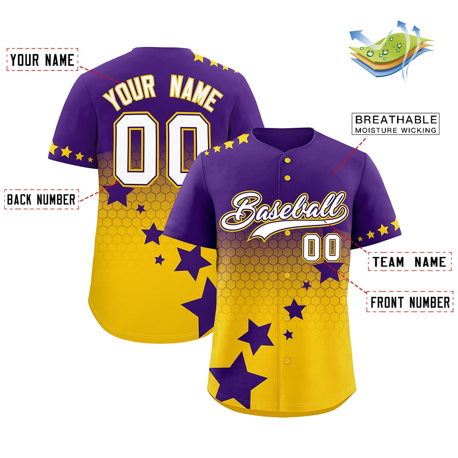 Custom Purple Gold White Rising Stars Series Gradient Fashion Baseball Jersey| KXKSHOP