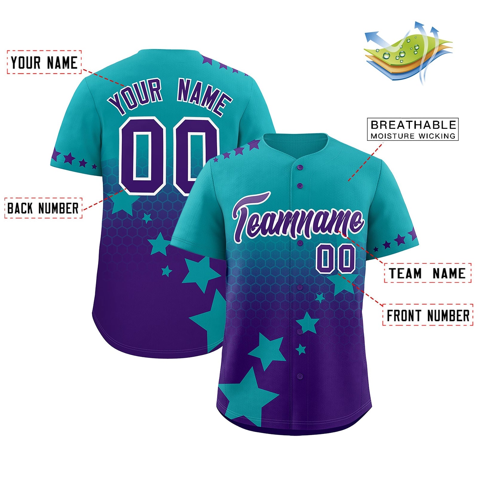 Custom Aqua Purple White Rising Stars Series Gradient Fashion Baseball Jersey| KXKSHOP