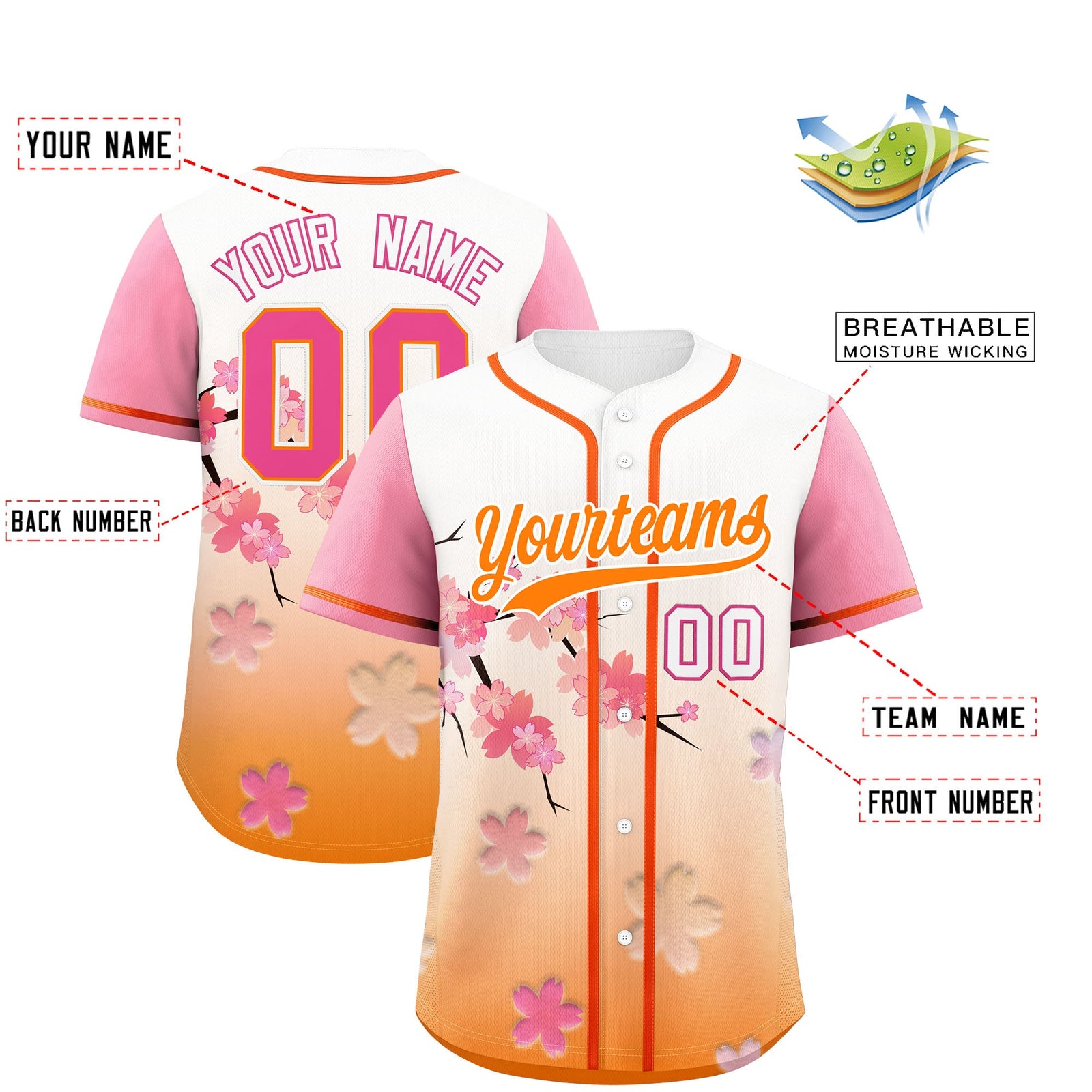 Custom Gold Orange Pink Gradient Fashion Elastic Baseball Jersey| KXKSHOP
