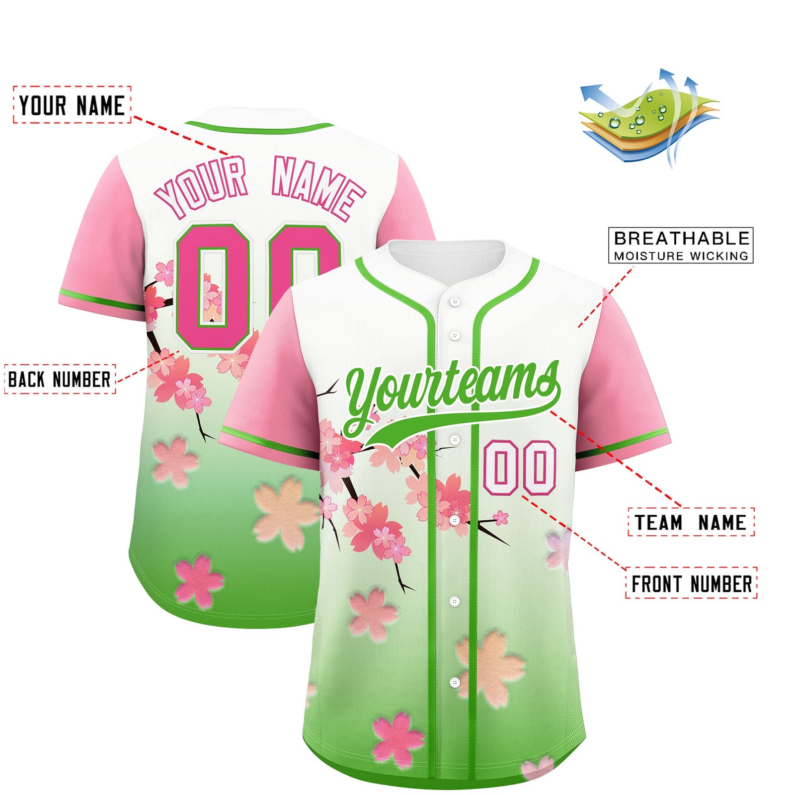 Custom Light Green Pink Gradient Fashion Elastic Baseball Jersey| KXKSHOP