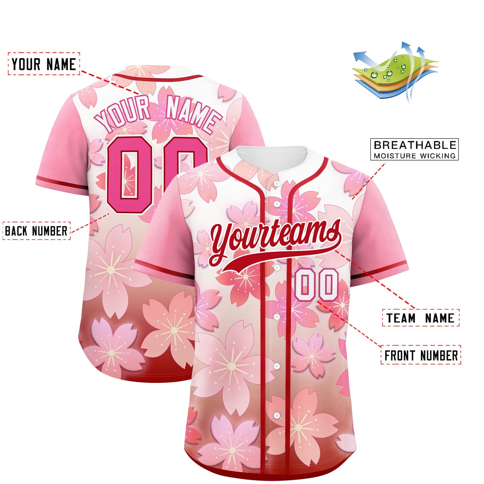 Custom Pink Red Gradient Fashion Elastic Baseball Jersey| KXKSHOP