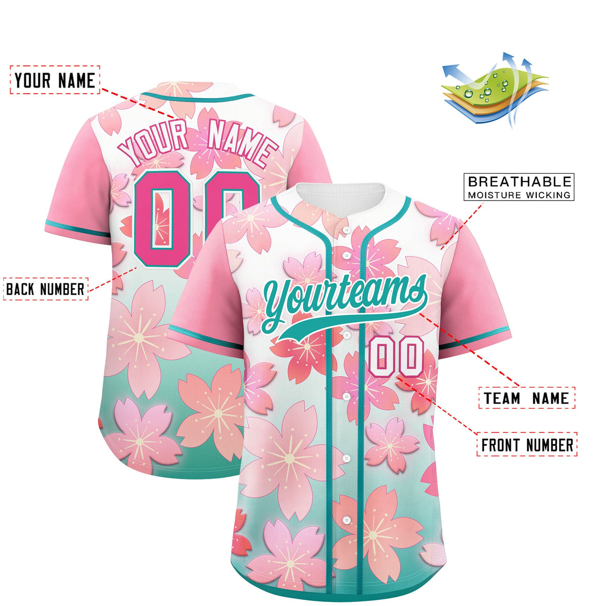 Custom Aqua Pink Gradient Fashion Elastic Baseball Jersey| KXKSHOP