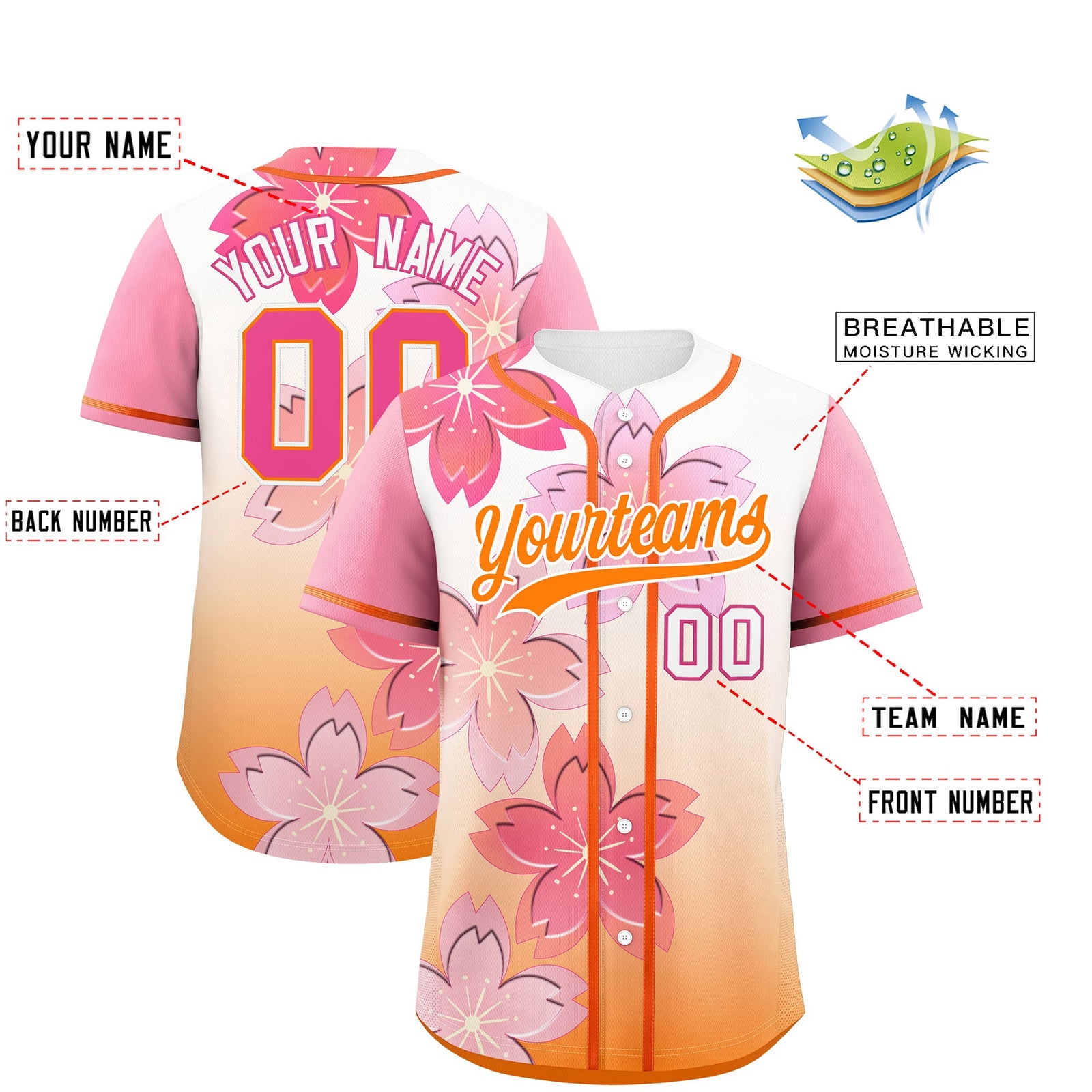 Custom Gold Orange Pink Gradient Fashion Elastic Baseball Jersey| KXKSHOP