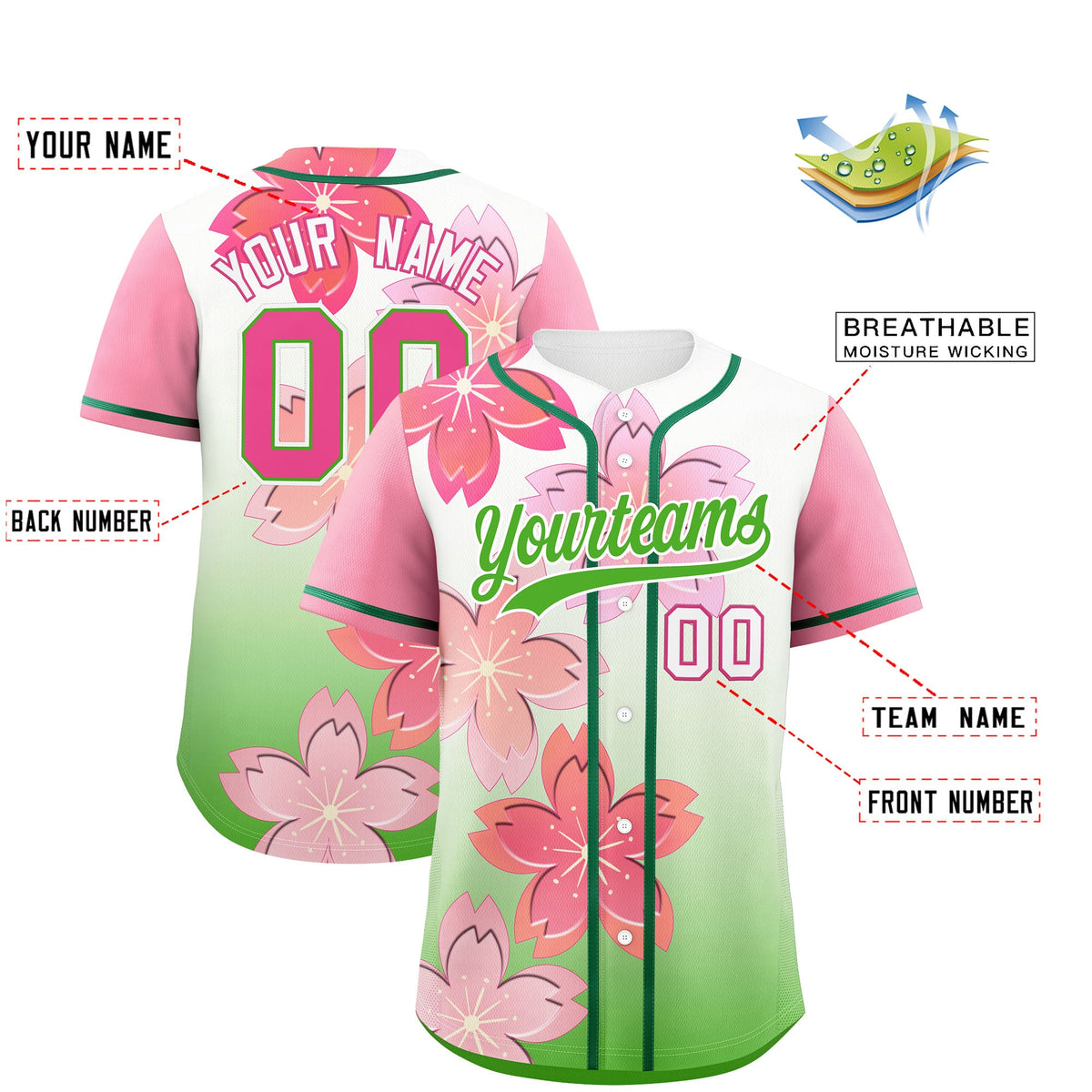 Custom Light Green Pink Gradient Fashion Elastic Baseball Jersey| KXKSHOP