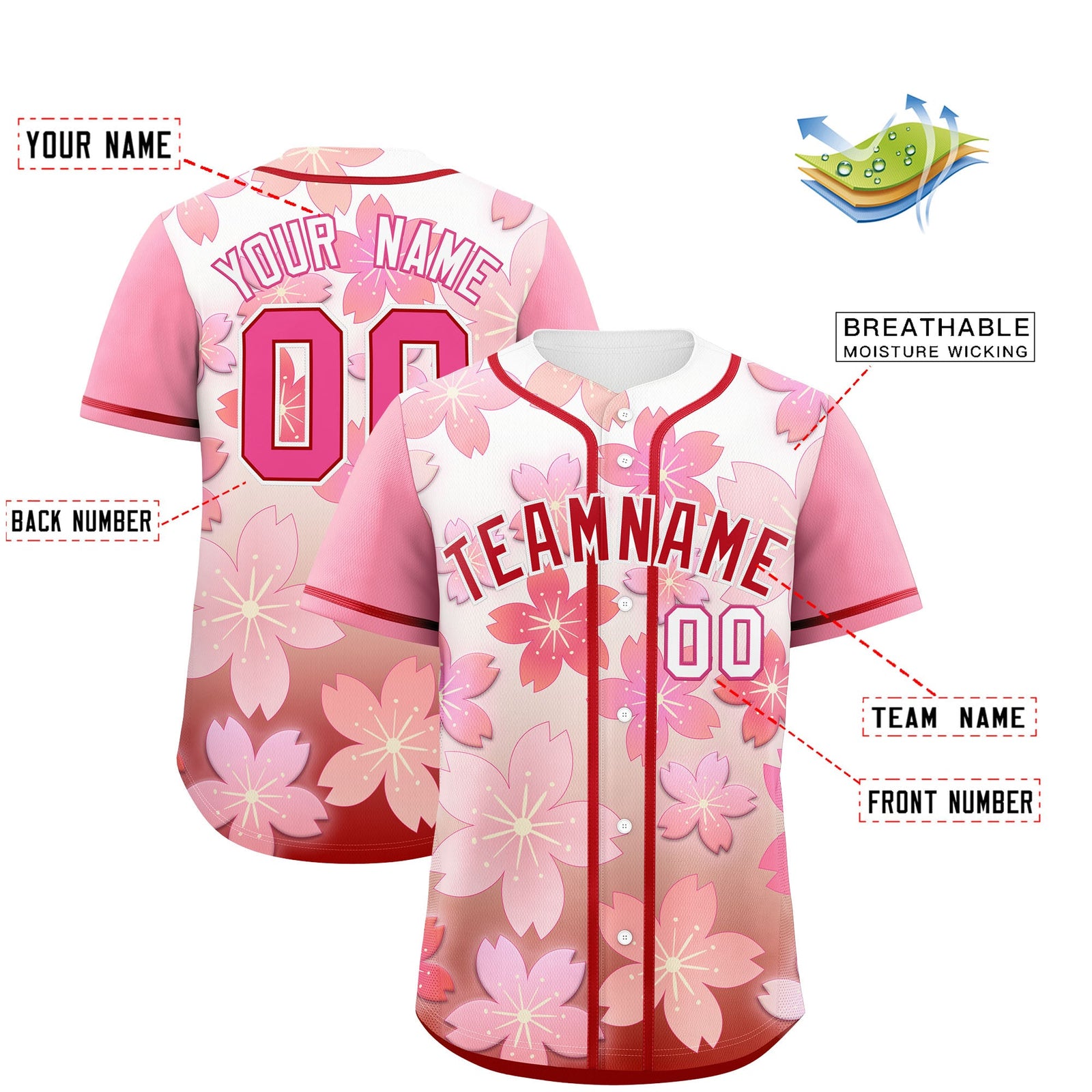 Custom Pink Red Gradient Fashion Elastic Baseball Jersey| KXKSHOP