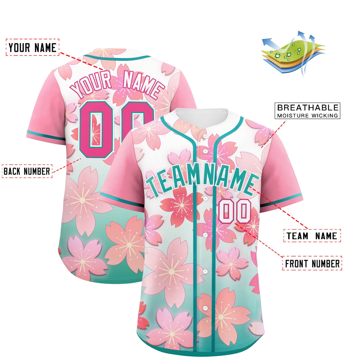 Custom Aqua Pink Gradient Fashion Elastic Baseball Jersey| KXKSHOP