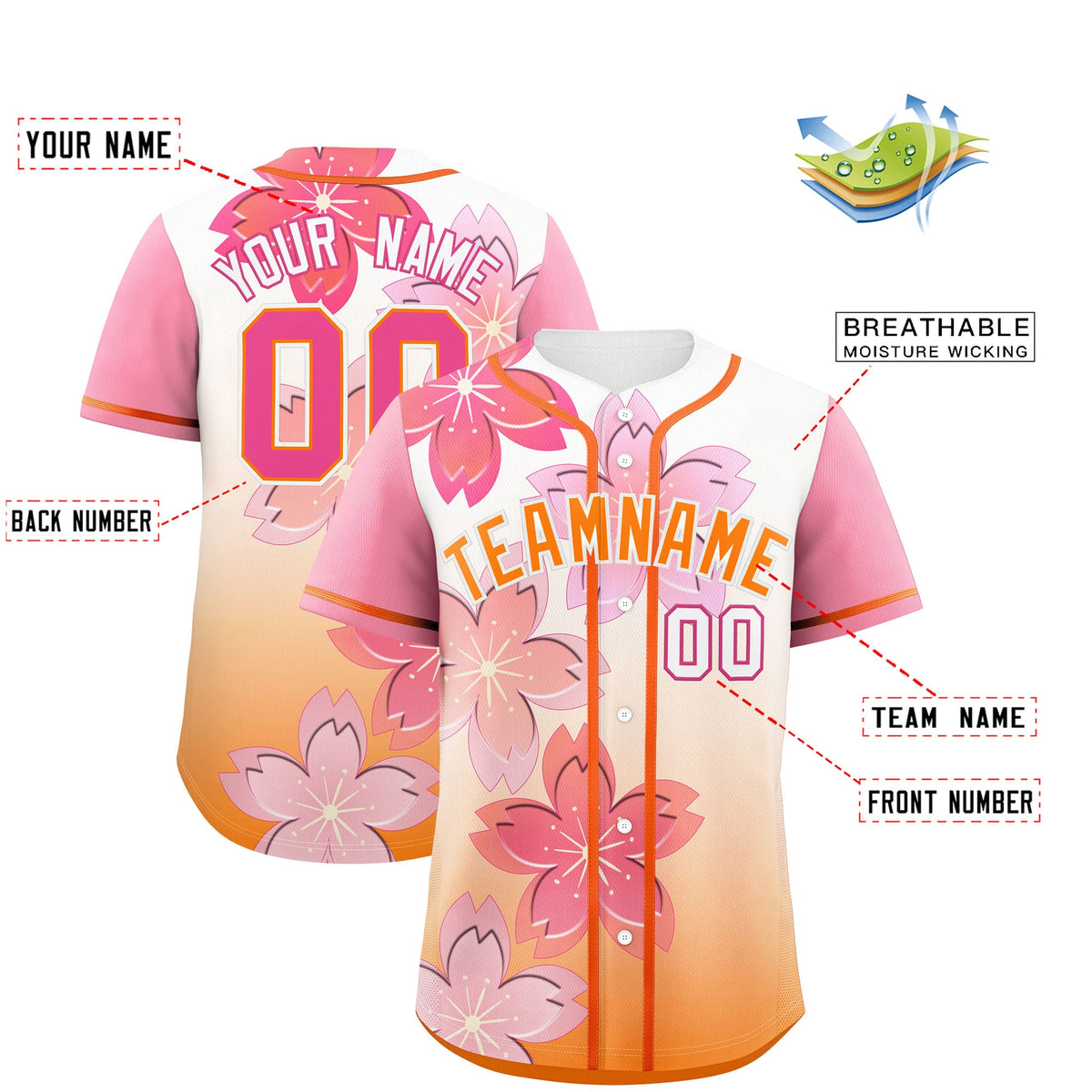 Custom Gold Orange Pink Gradient Fashion Elastic Baseball Jersey| KXKSHOP