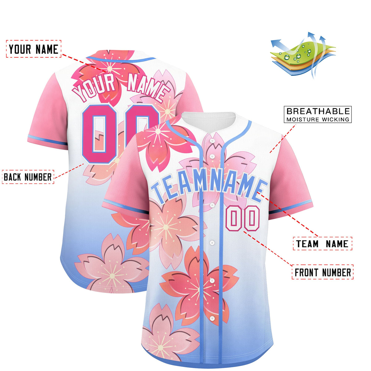 Custom Light Blue Pink Gradient Fashion Elastic Baseball Jersey| KXKSHOP