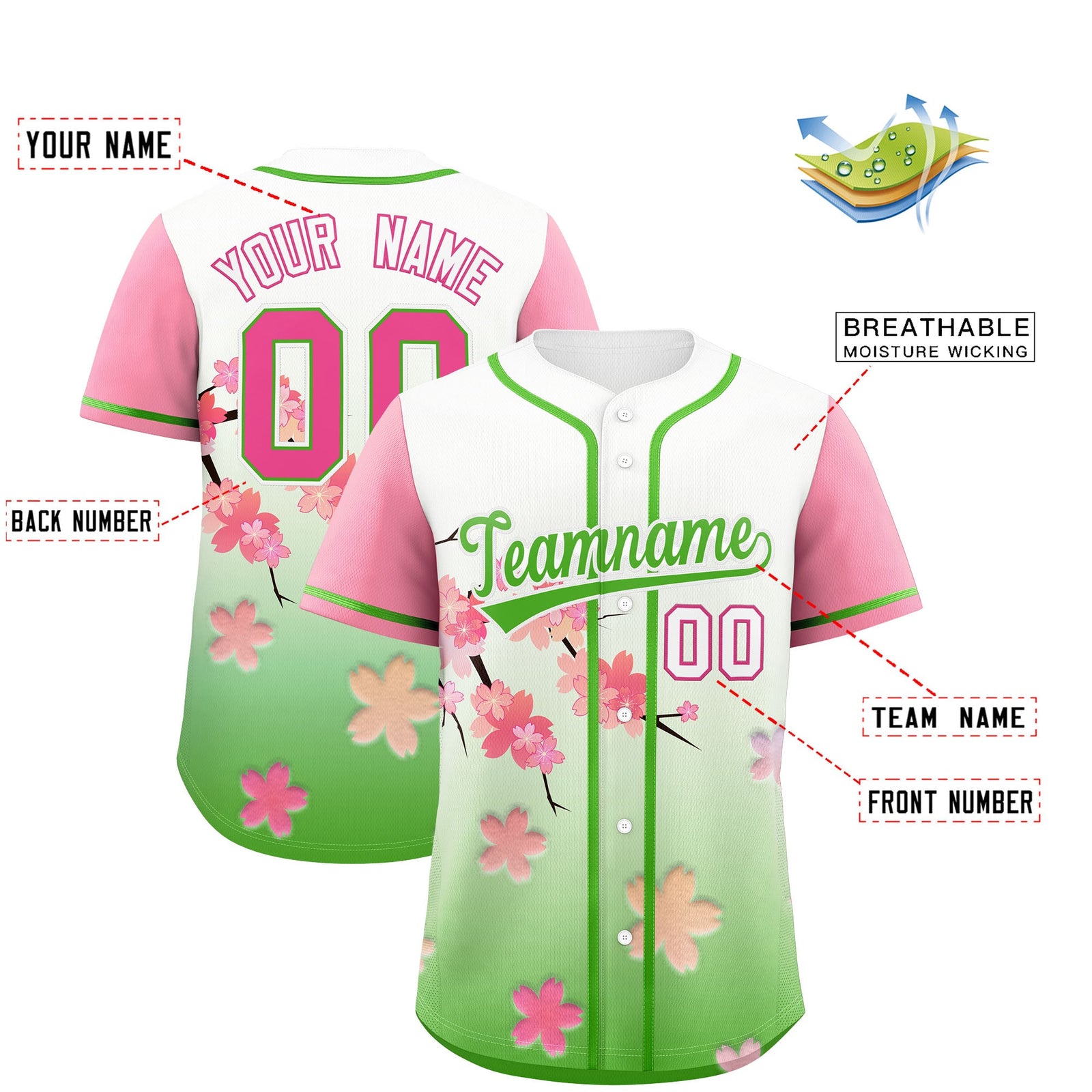 Custom Light Green Pink Gradient Fashion Elastic Baseball Jersey| KXKSHOP