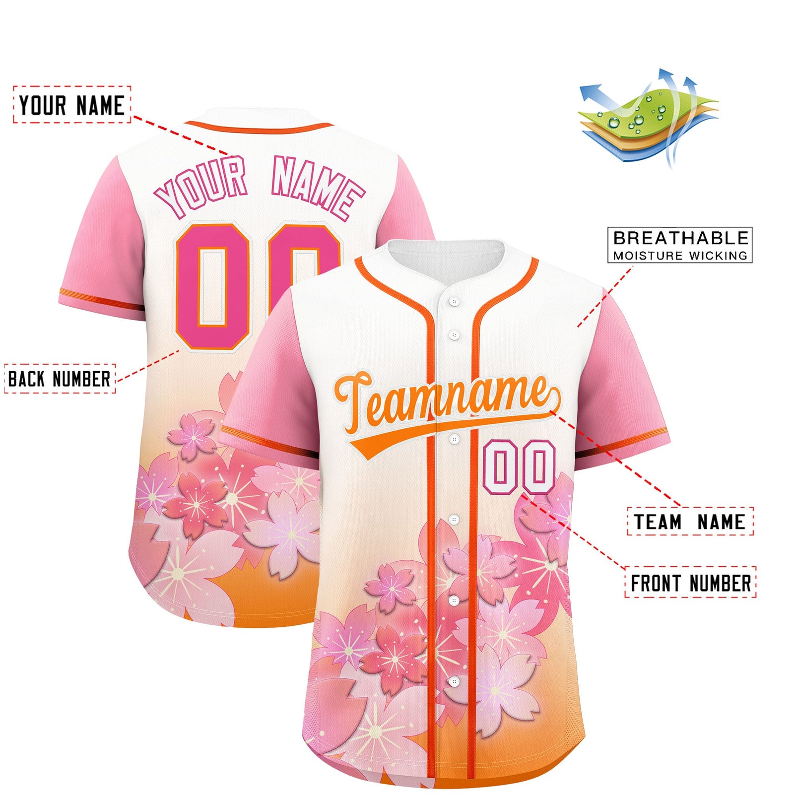 Custom Gold Orange Pink Gradient Fashion Elastic Baseball Jersey| KXKSHOP
