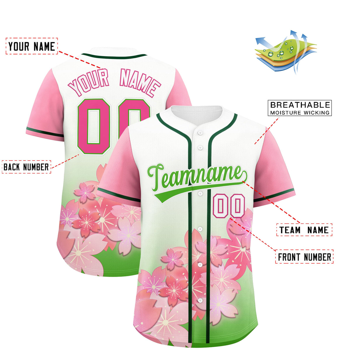 Custom Light Green Pink Gradient Fashion Elastic Baseball Jersey| KXKSHOP
