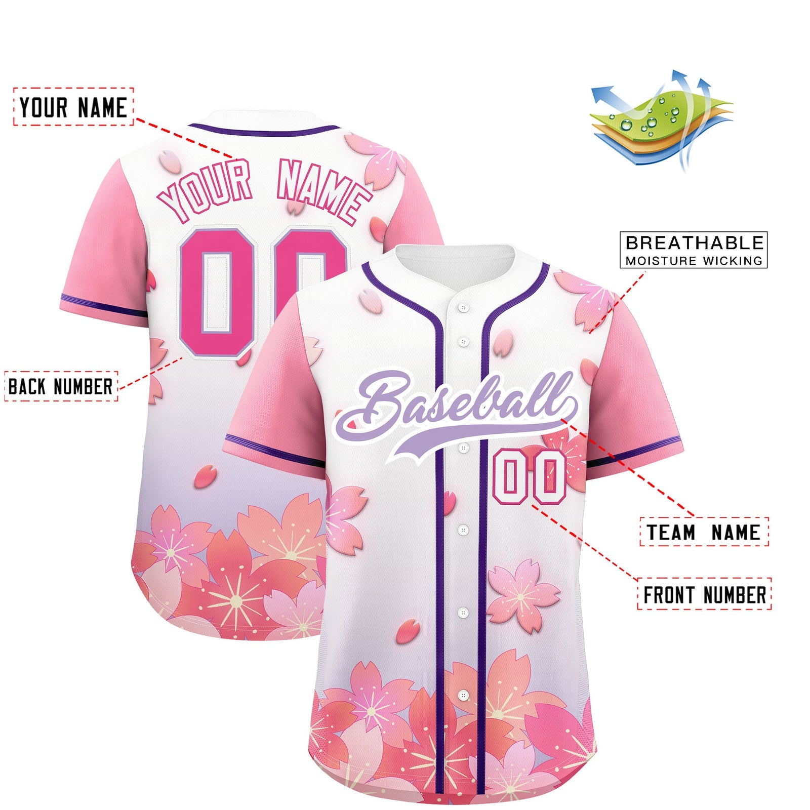 Custom Purple Pink Gradient Fashion Elastic Baseball Jersey| KXKSHOP
