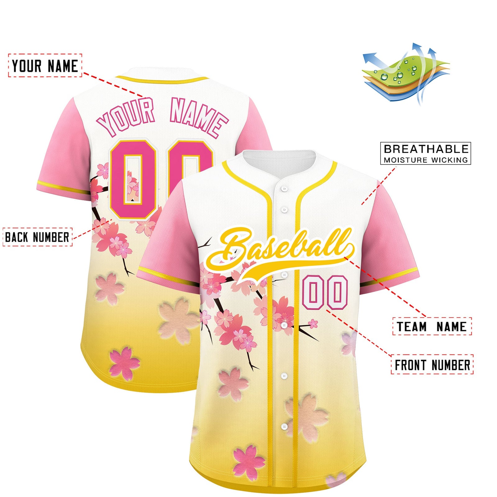 Custom Gold Pink Gradient Fashion Elastic Baseball Jersey| KXKSHOP
