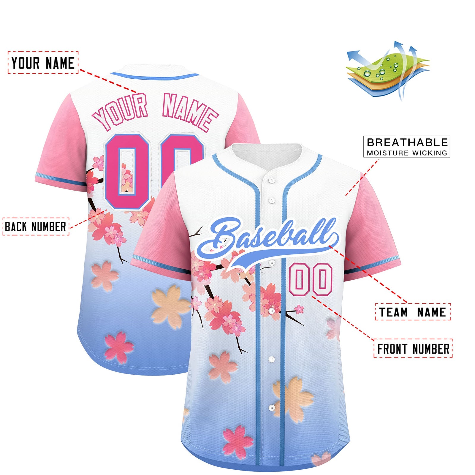 Custom Light Blue Pink Gradient Fashion Elastic Baseball Jersey| KXKSHOP
