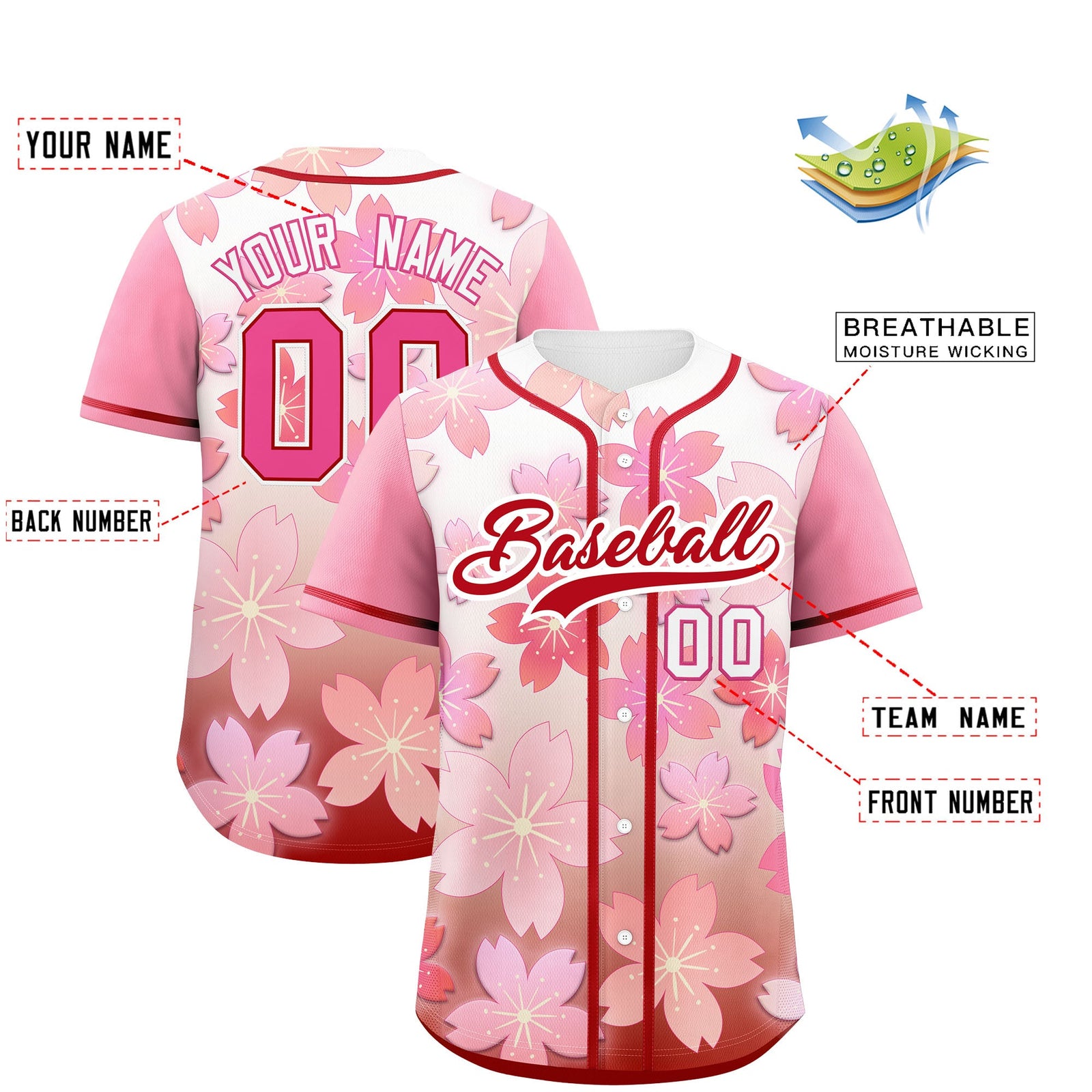 Custom Pink Red Gradient Fashion Elastic Baseball Jersey| KXKSHOP