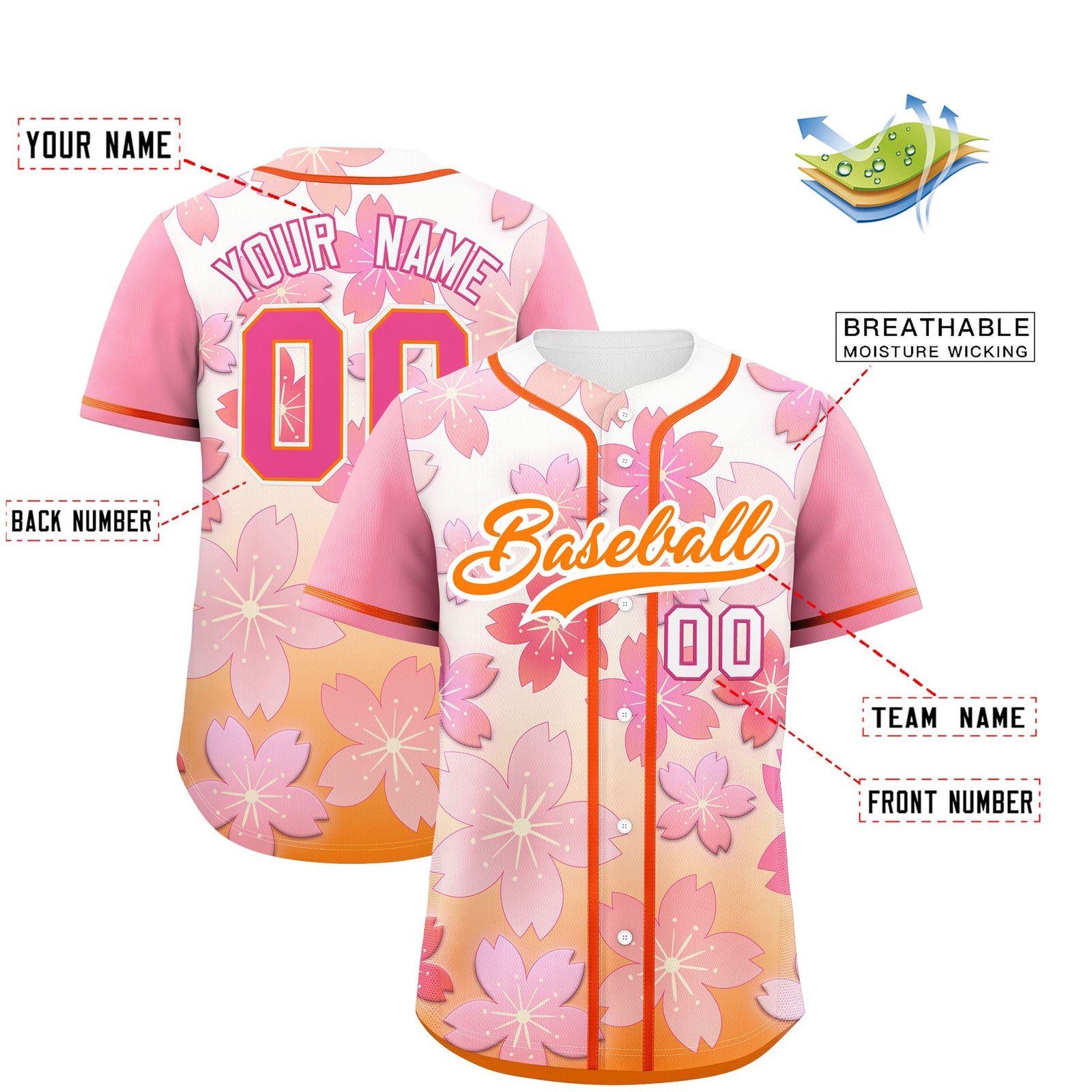 Custom Gold Orange Pink Gradient Fashion Elastic Baseball Jersey| KXKSHOP