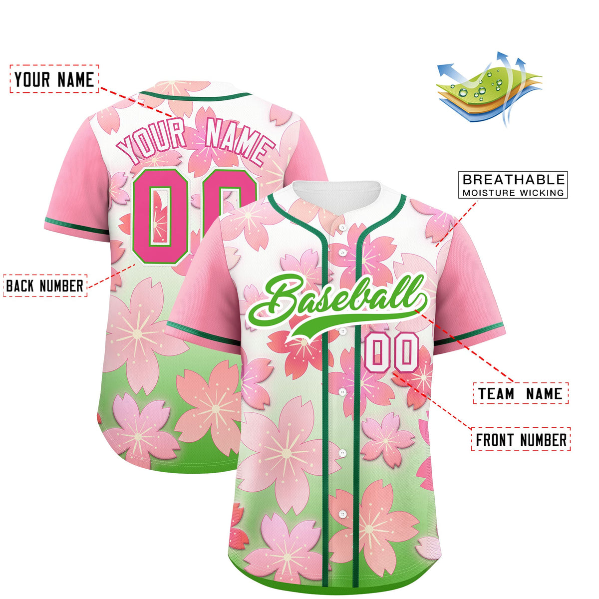 Custom Light Green Pink Gradient Fashion Elastic Baseball Jersey| KXKSHOP