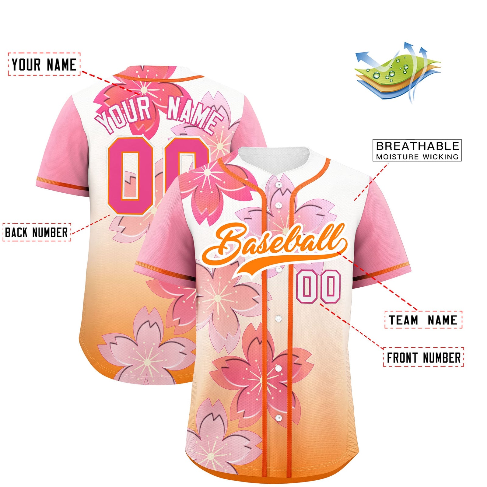 Custom Gold Orange Pink Gradient Fashion Elastic Baseball Jersey| KXKSHOP