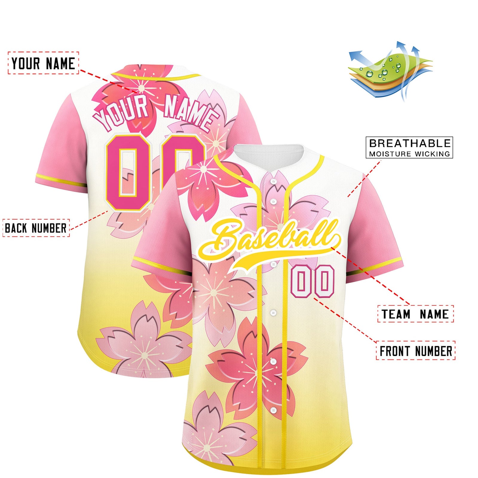 Custom Gold Pink Gradient Fashion Elastic Baseball Jersey| KXKSHOP