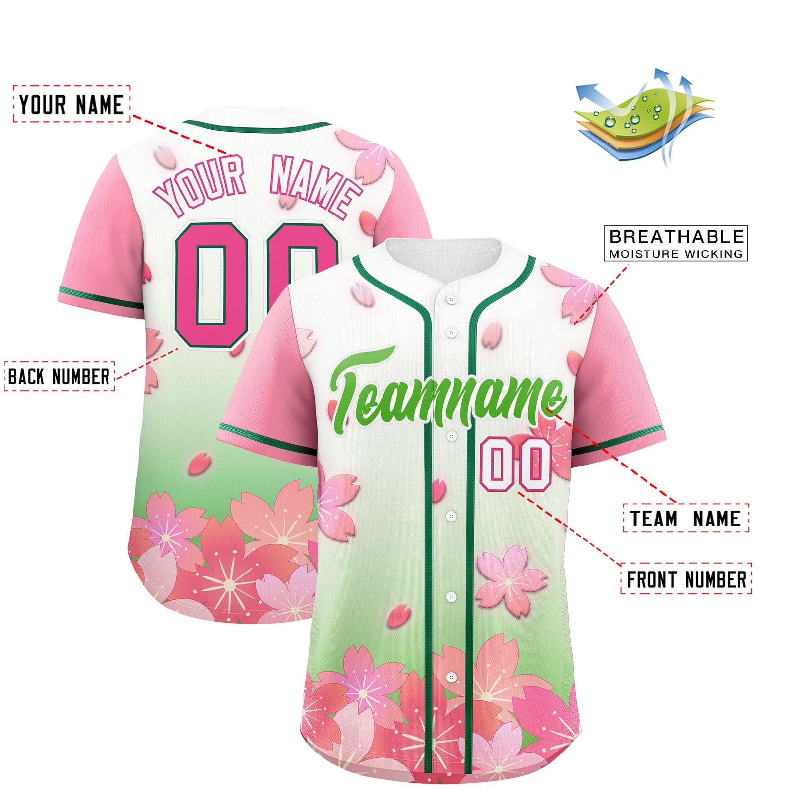 Custom Light Green Pink Gradient Fashion Elastic Baseball Jersey| KXKSHOP