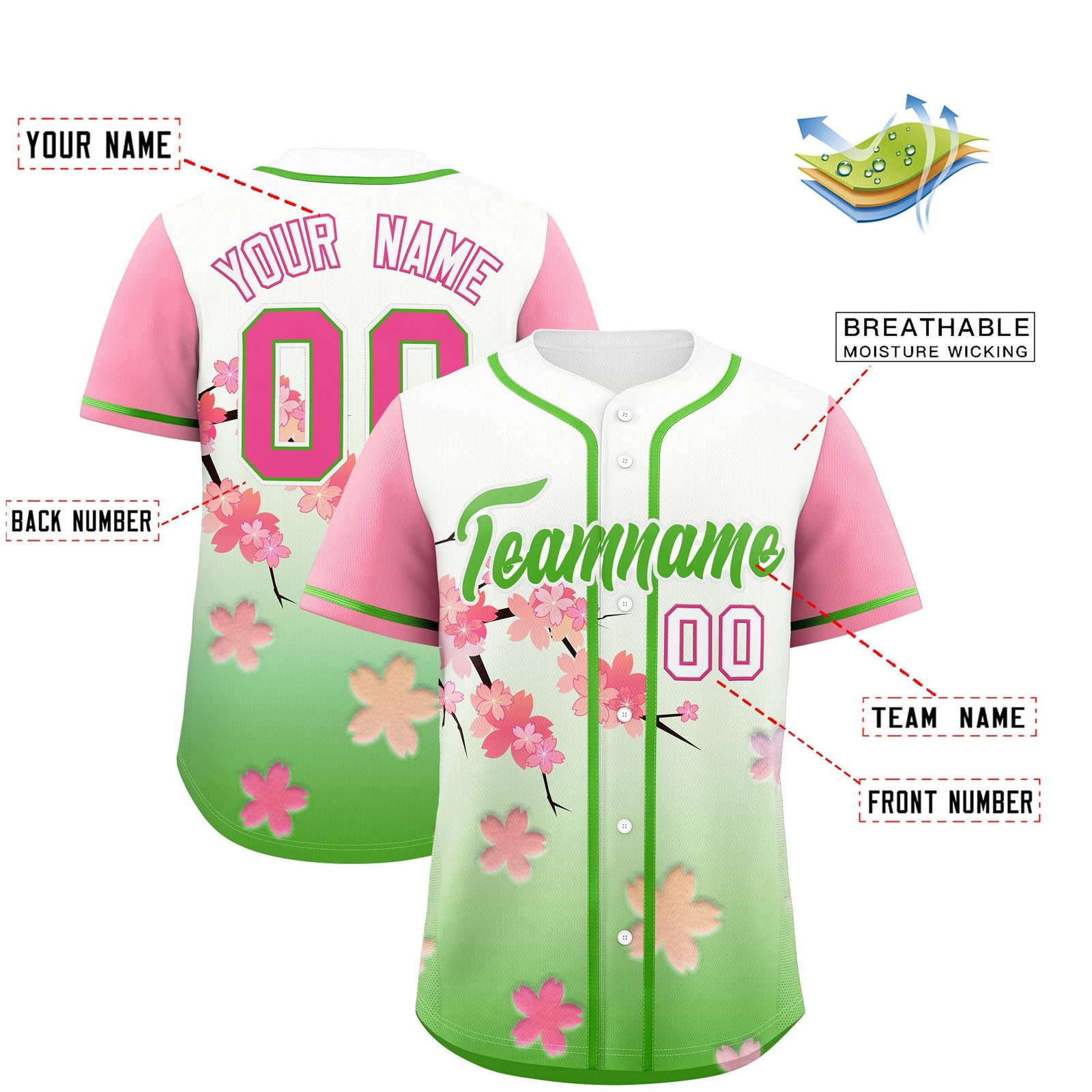 Custom Light Green Pink Gradient Fashion Elastic Baseball Jersey| KXKSHOP