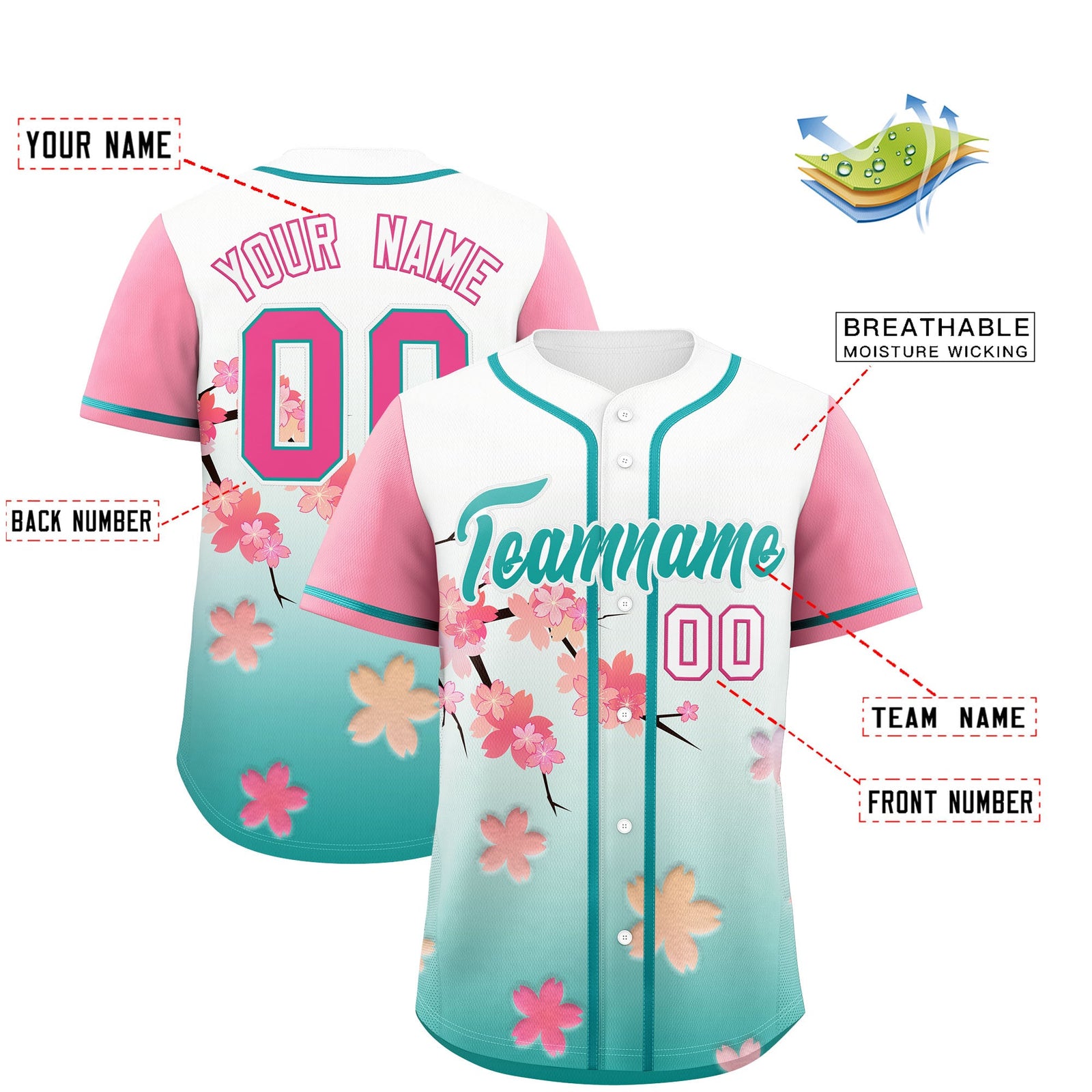Custom Aqua Pink Gradient Fashion Elastic Baseball Jersey| KXKSHOP